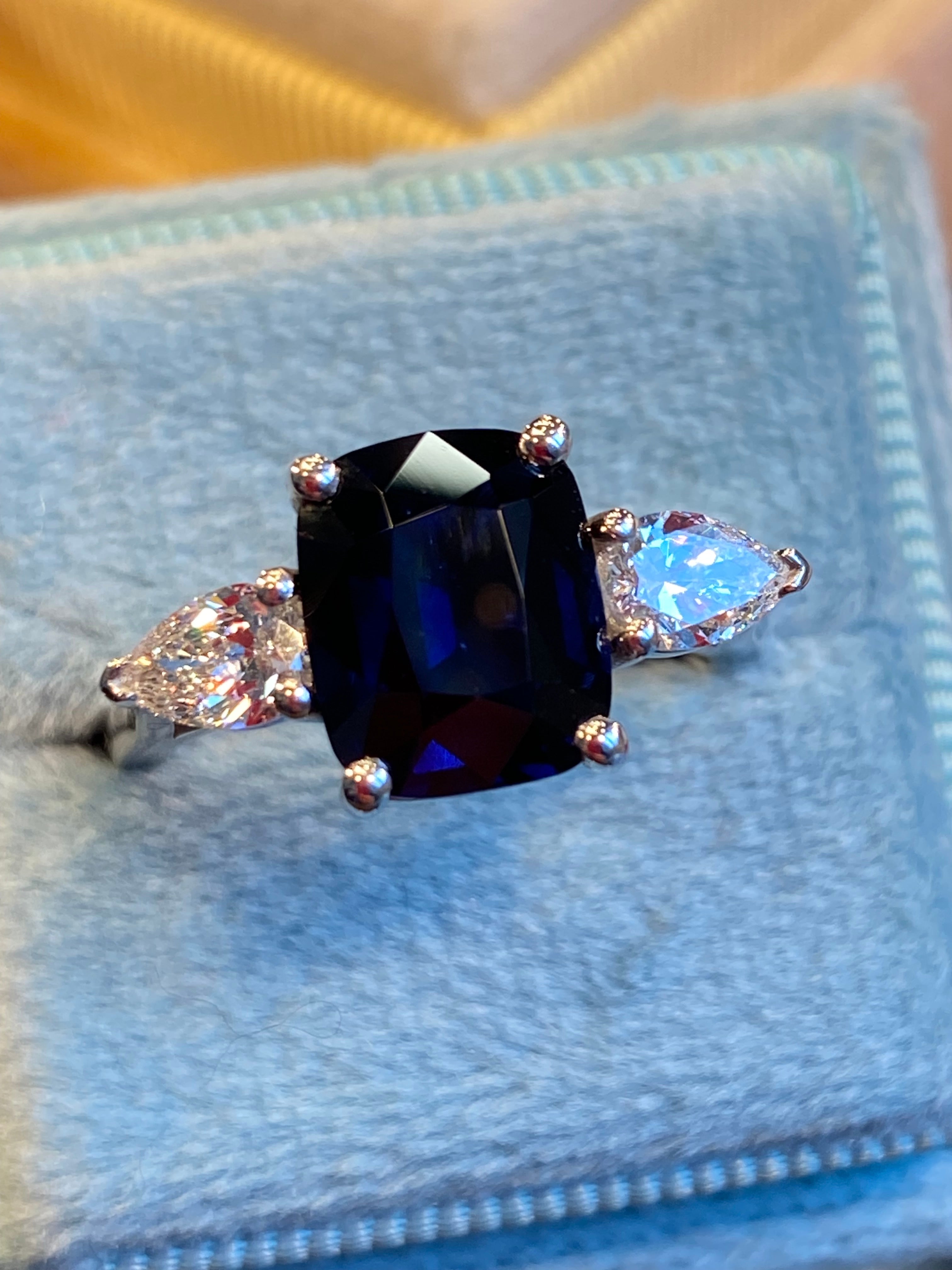 4.04 CTW Deep Blue Ceylon Sapphire and Natural Diamond Three Stone Engagement Ring in Platinum