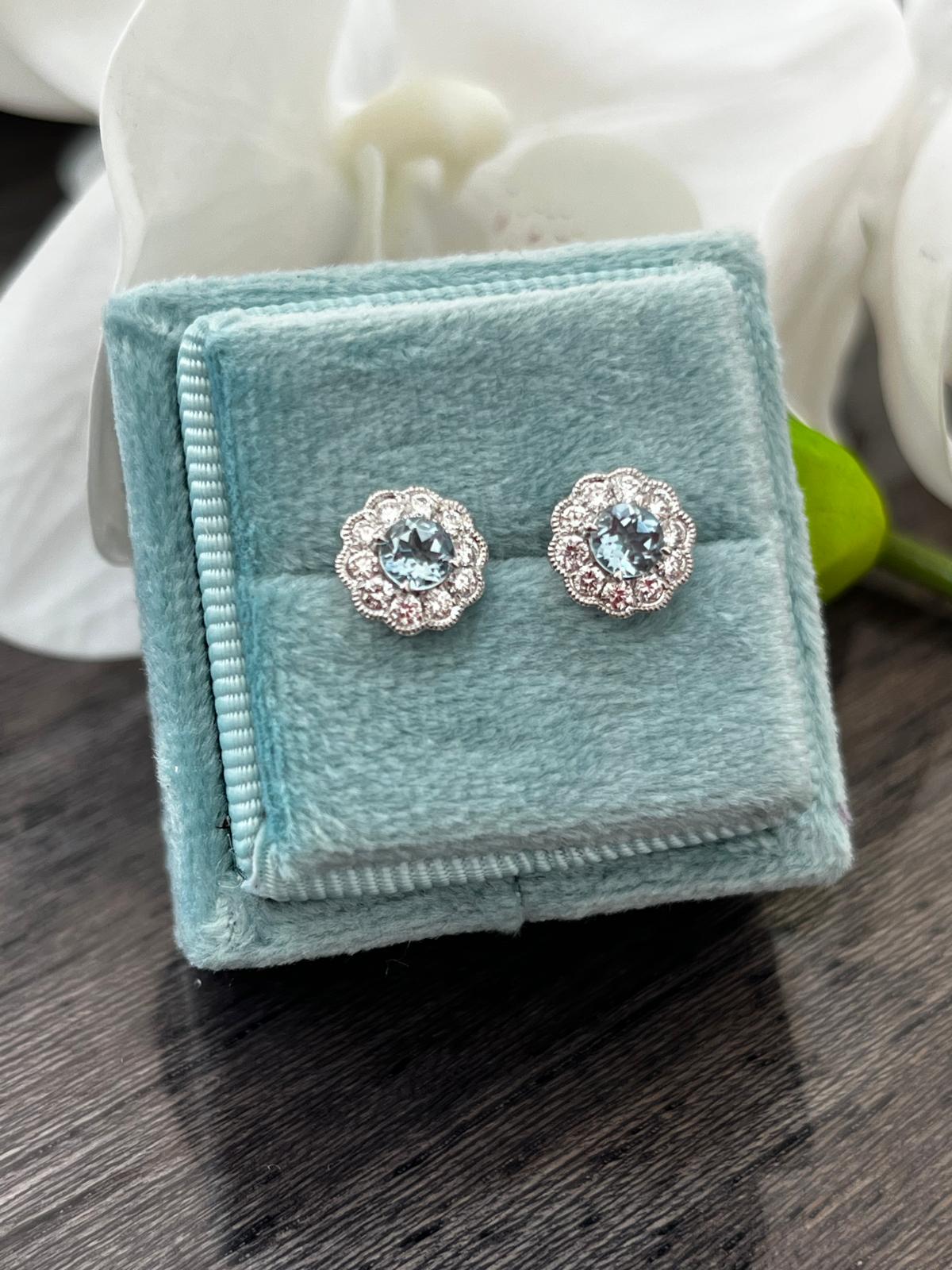 Aquamarine and Natural Diamond Halo Stud Earrings in 18ct White Gold