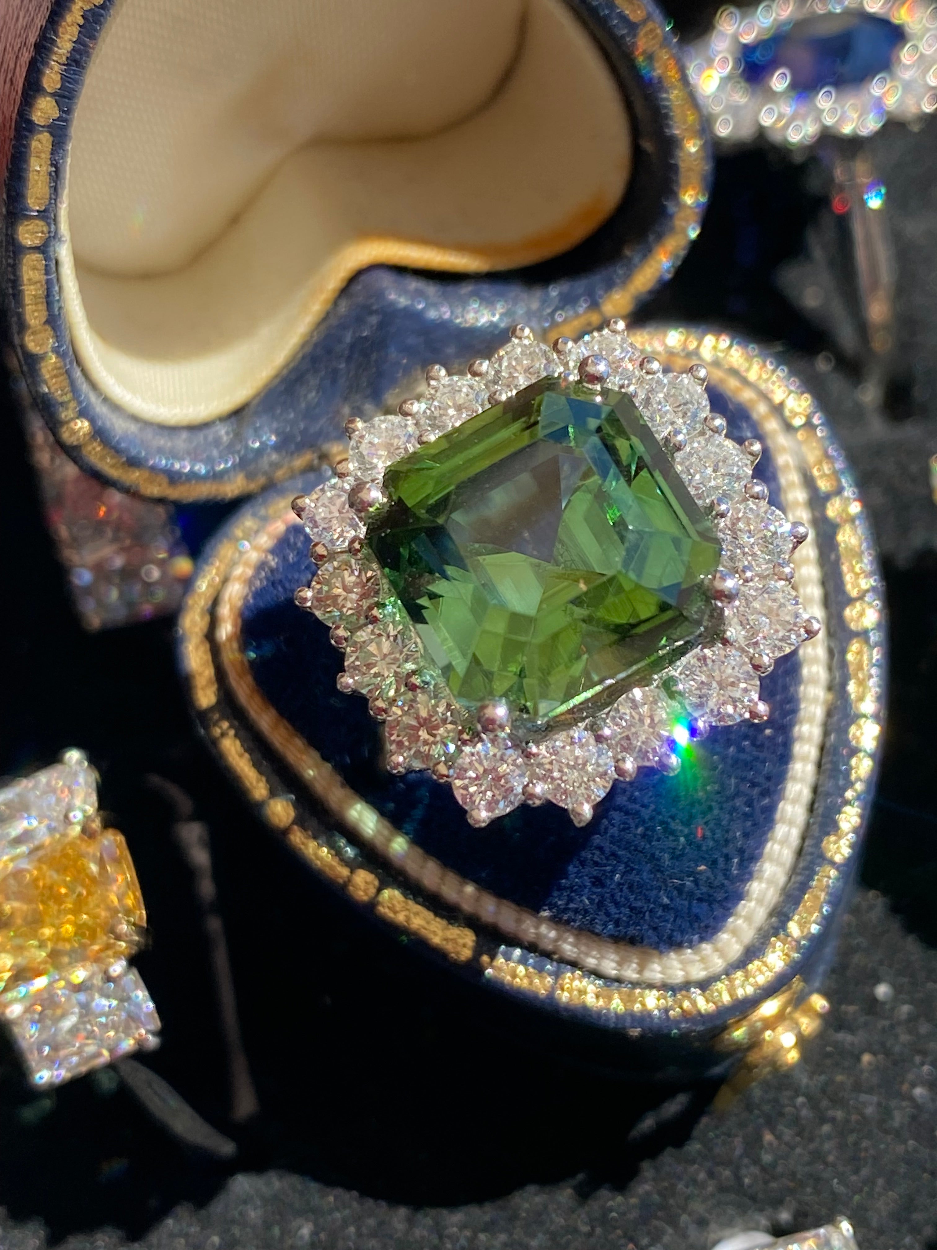 8.44 Carat Asscher Cut Green Tourmaline and 1.38ctw Natural Diamond Ring in Platinum