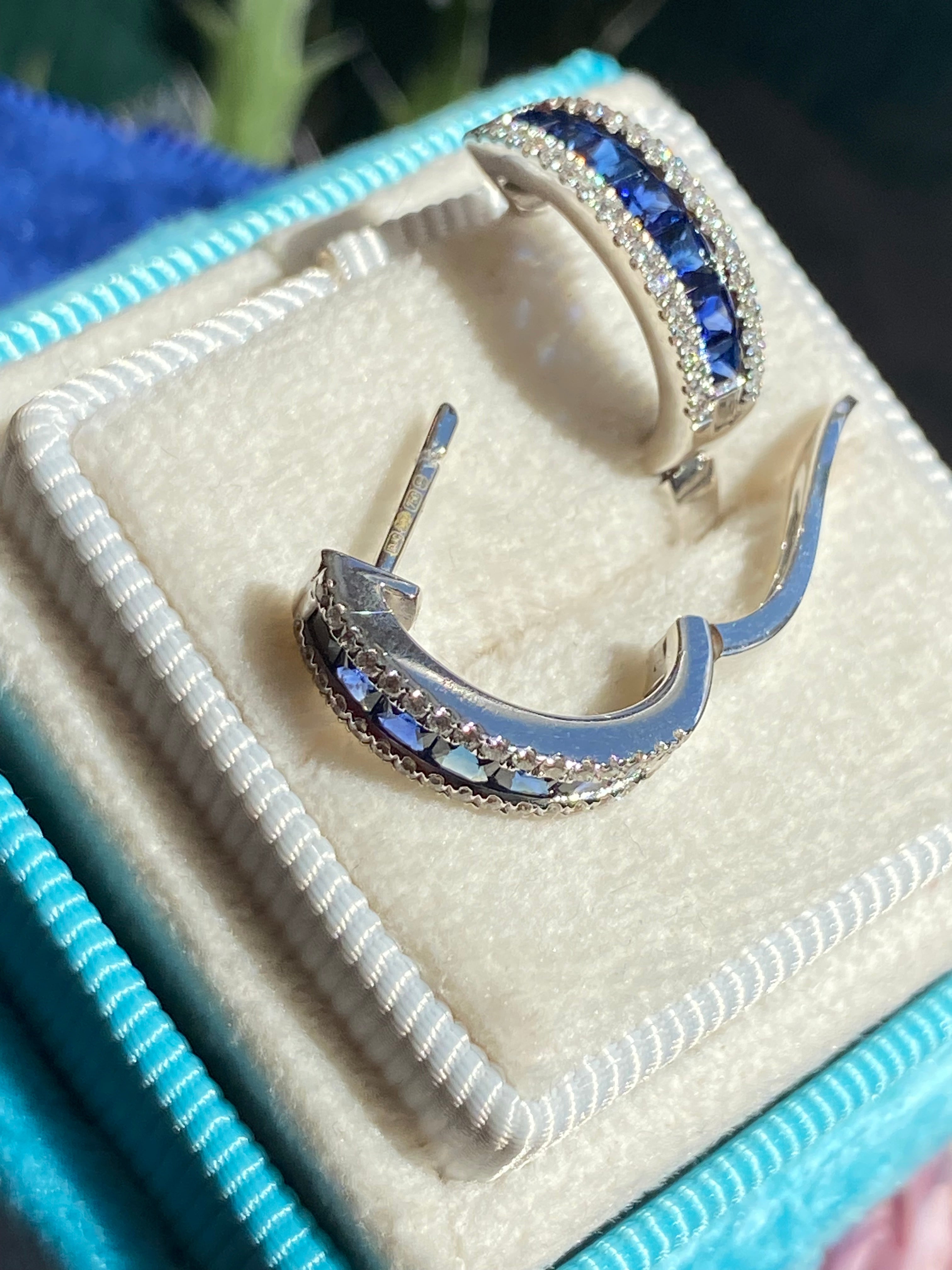 1.25 CTW Sapphire and Natural Diamond Hoop Earrings in 18ct White Gold
