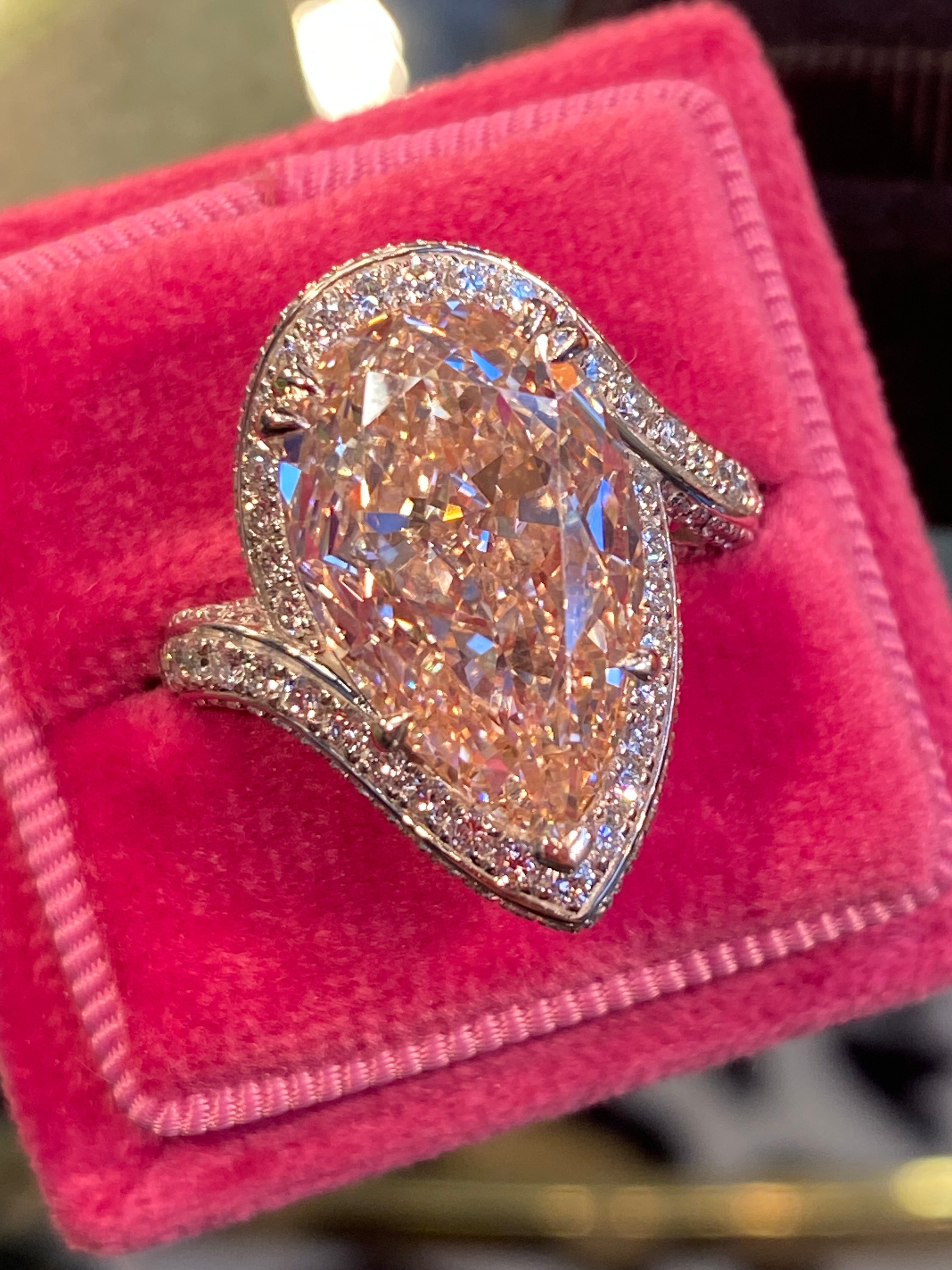 10.45 Carat Fancy Pink Pear Cut + 1.35ctw Lab Diamond Engagement Ring in Platinum