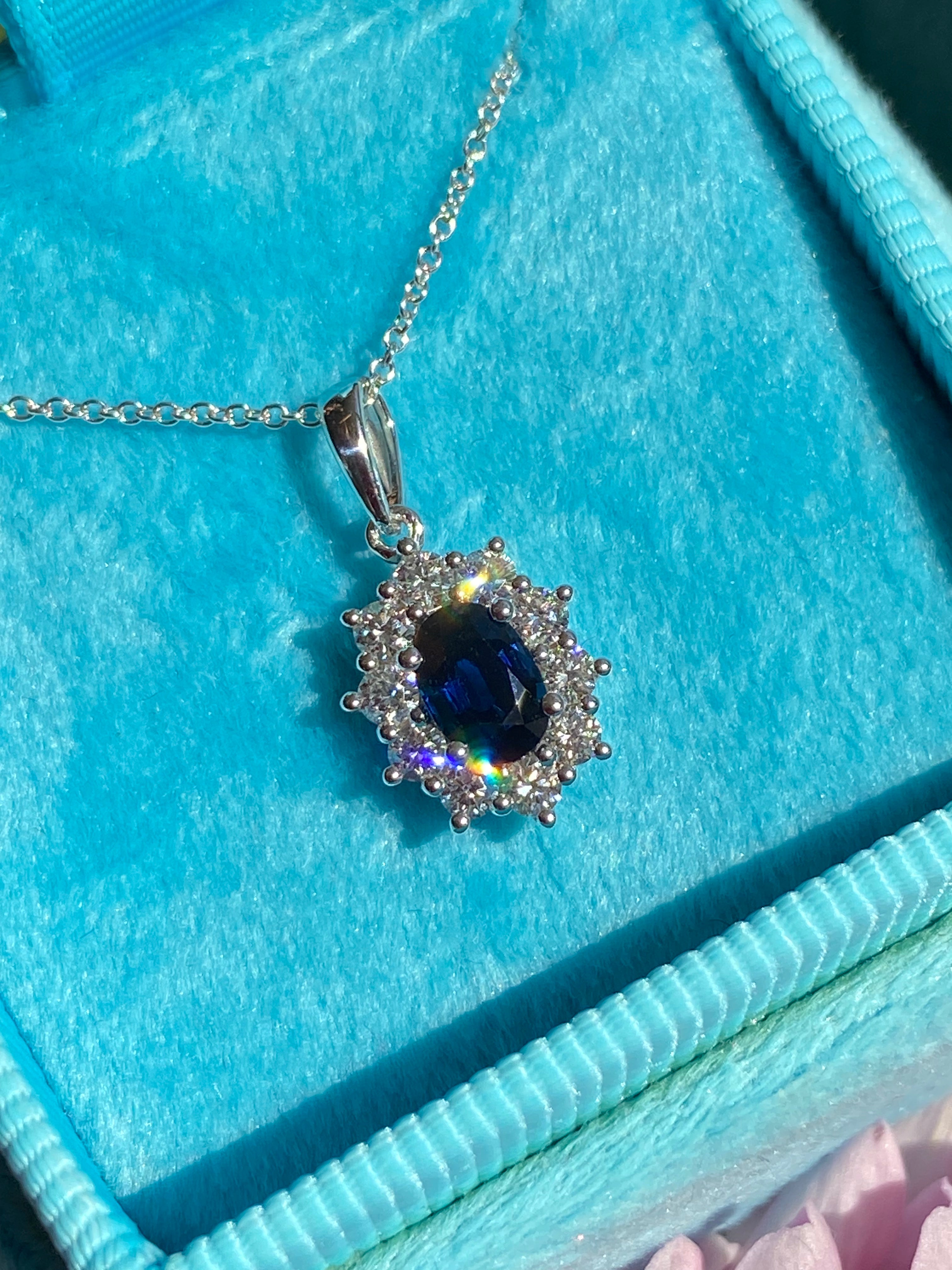 1.02 CTW Sapphire and Natural Diamond Pendant Necklace in 18ct White Gold