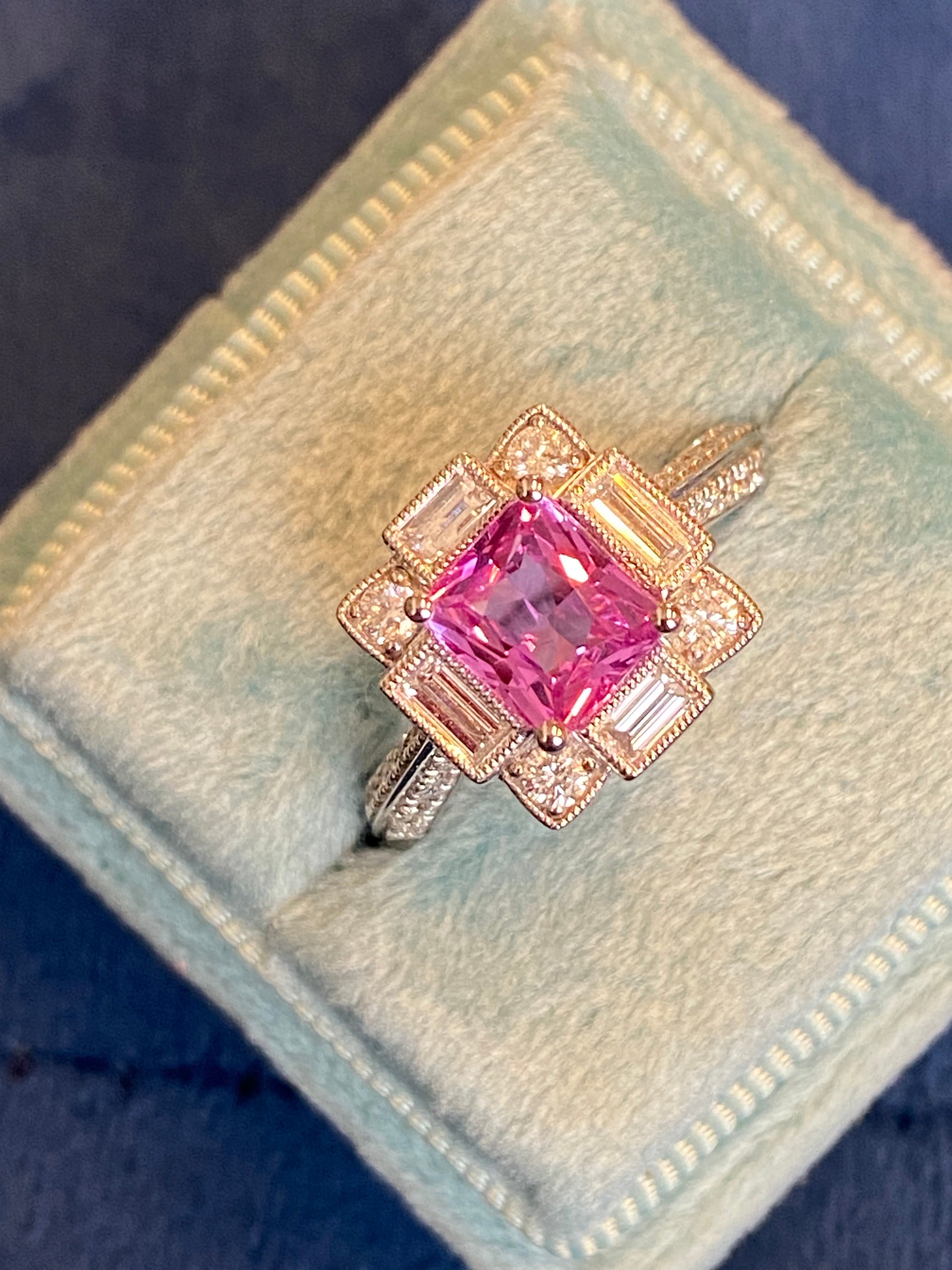 Candy Pink Sapphire Art Deco Style Ring in Platinum