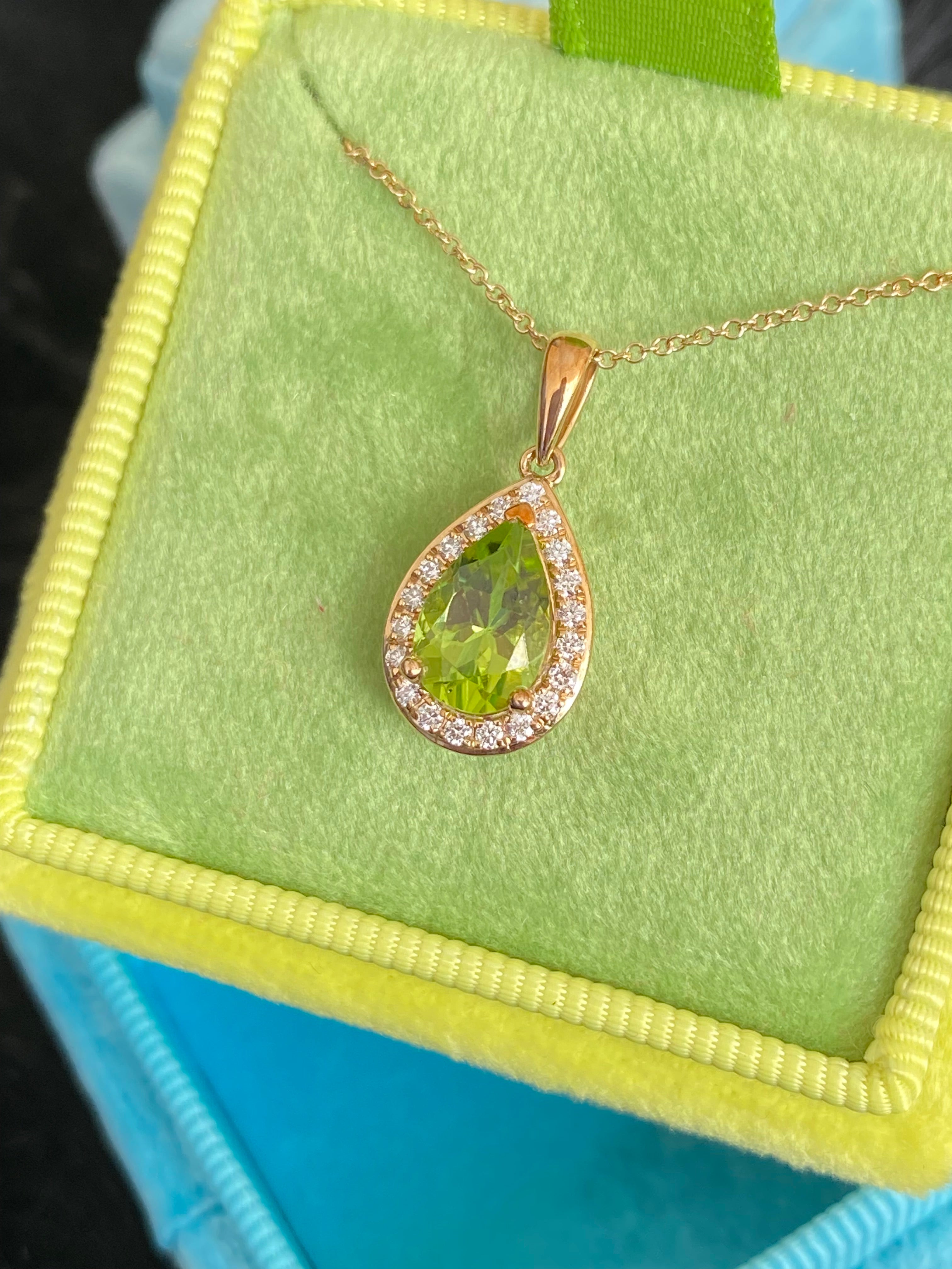 Pear Cut Peridot and Natural Diamond Pendant Necklace in 9ct Yellow Gold