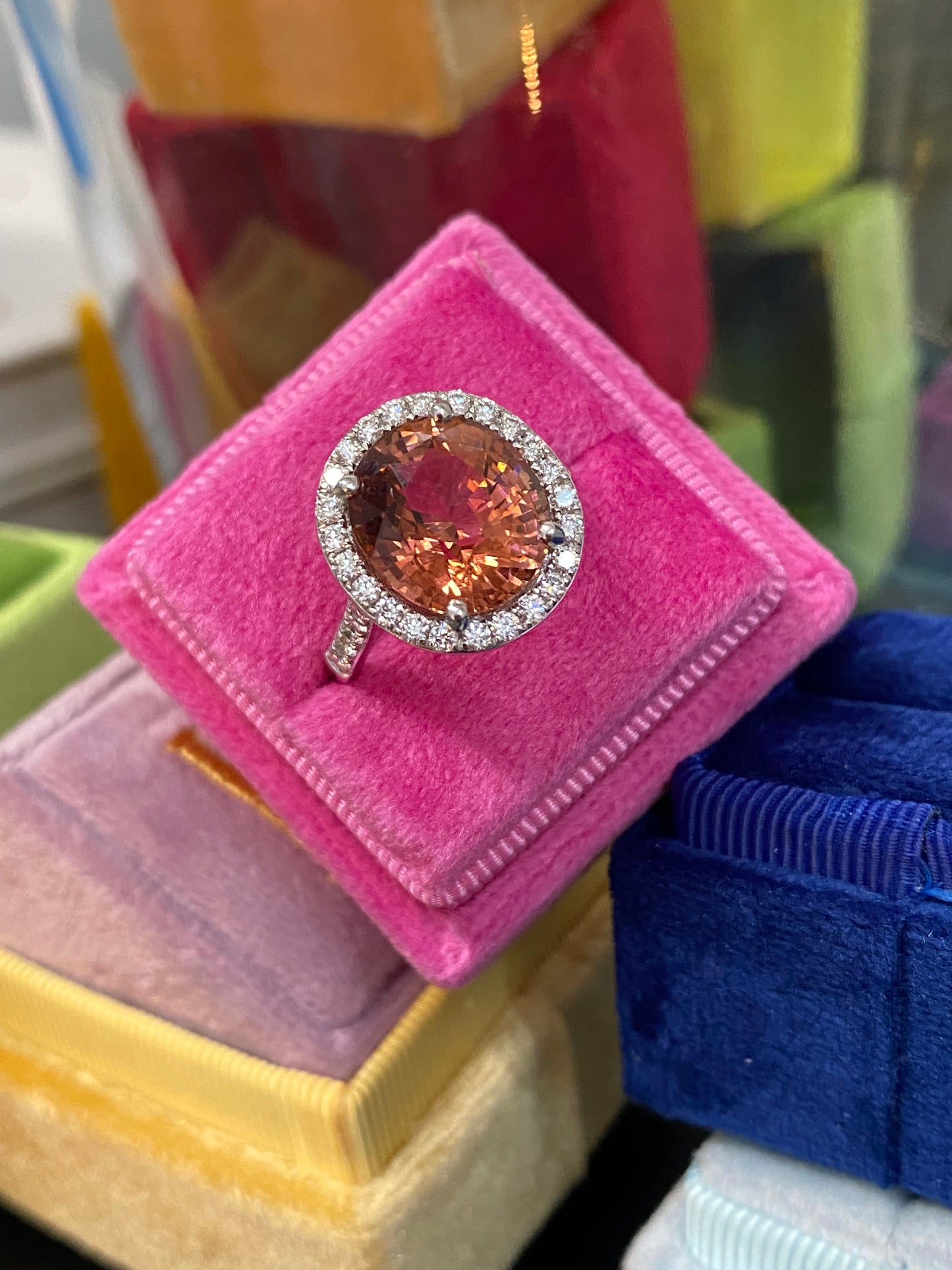 6.10 Carat Oval Cut Rose Pink Tourmaline and Natural Diamond Ring in Platinum
