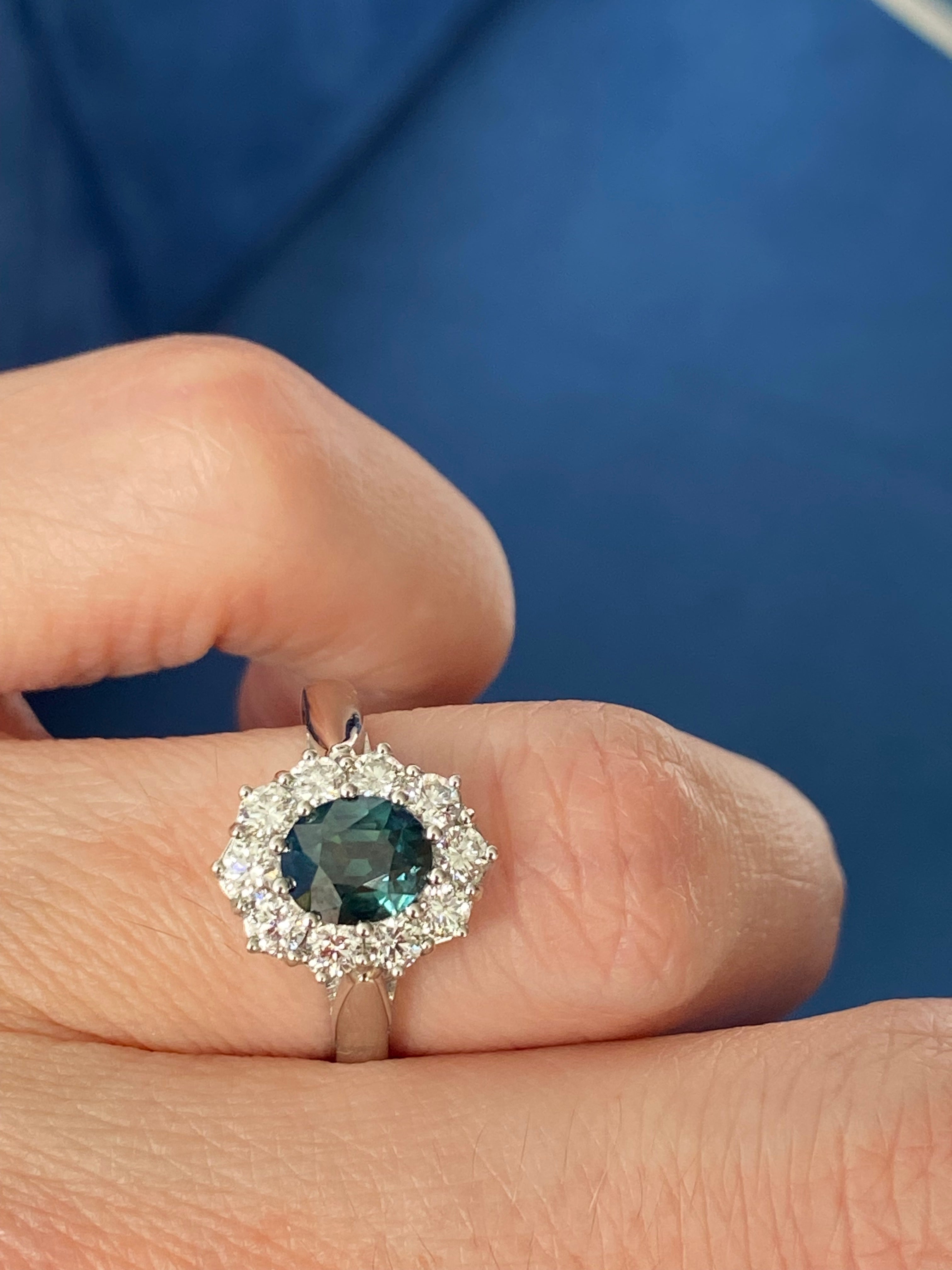 2.18 CTW Oval Cut Teal Sapphire and Natural Diamond Halo Ring in Platinum