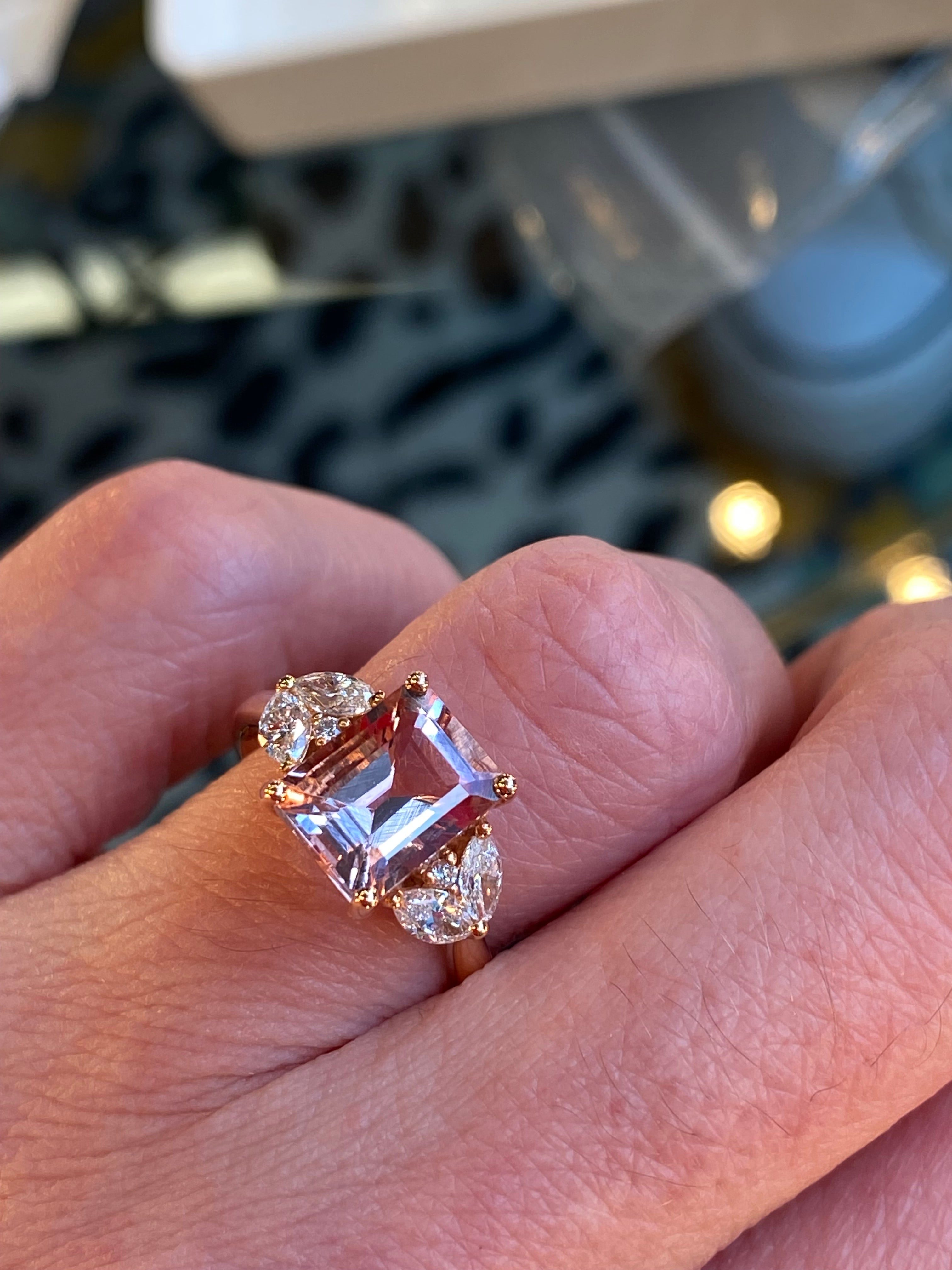 3.25 CTW Emerald Cut Morganite and Diamond Three Stone Engagement Ring in 18ct Rose Gold