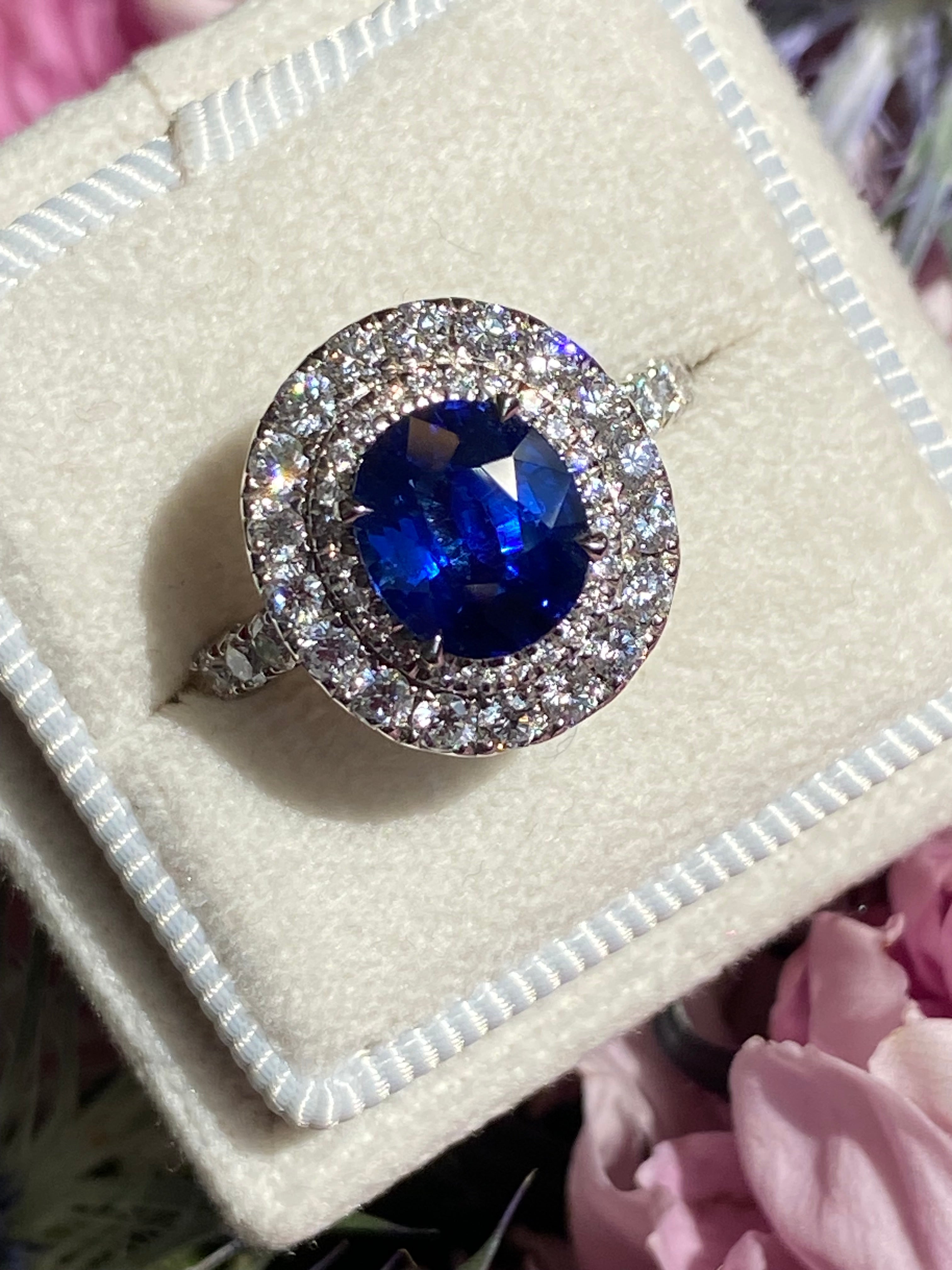 2.21 Carat Blue Ceylon Sapphire and 1.04 CTW Natural Diamond Halo Ring in Platinum