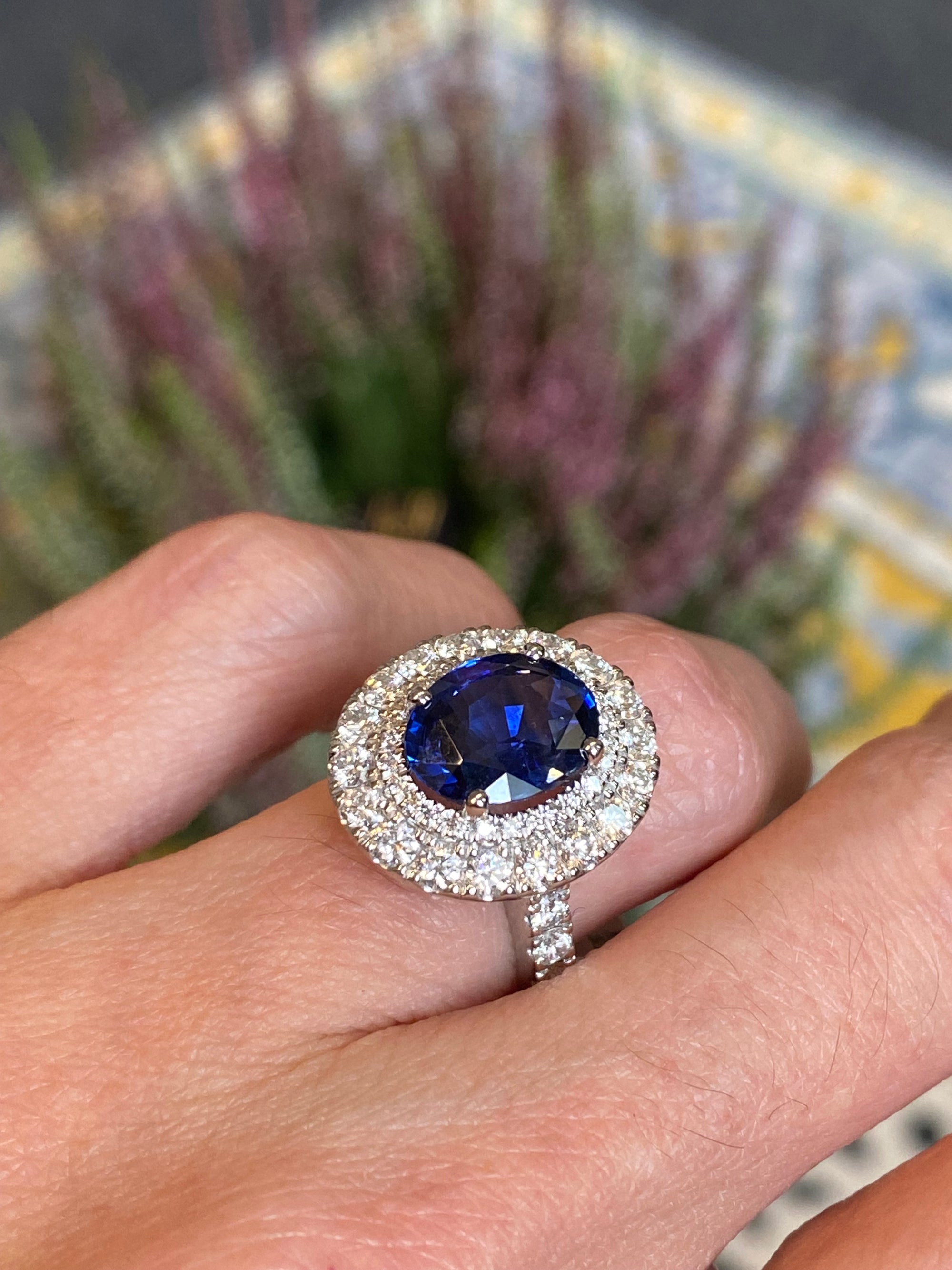 4.29 Carat Blue Ceylon Sapphire and 1.67 CTW Natural Diamond Halo Ring in Platinum