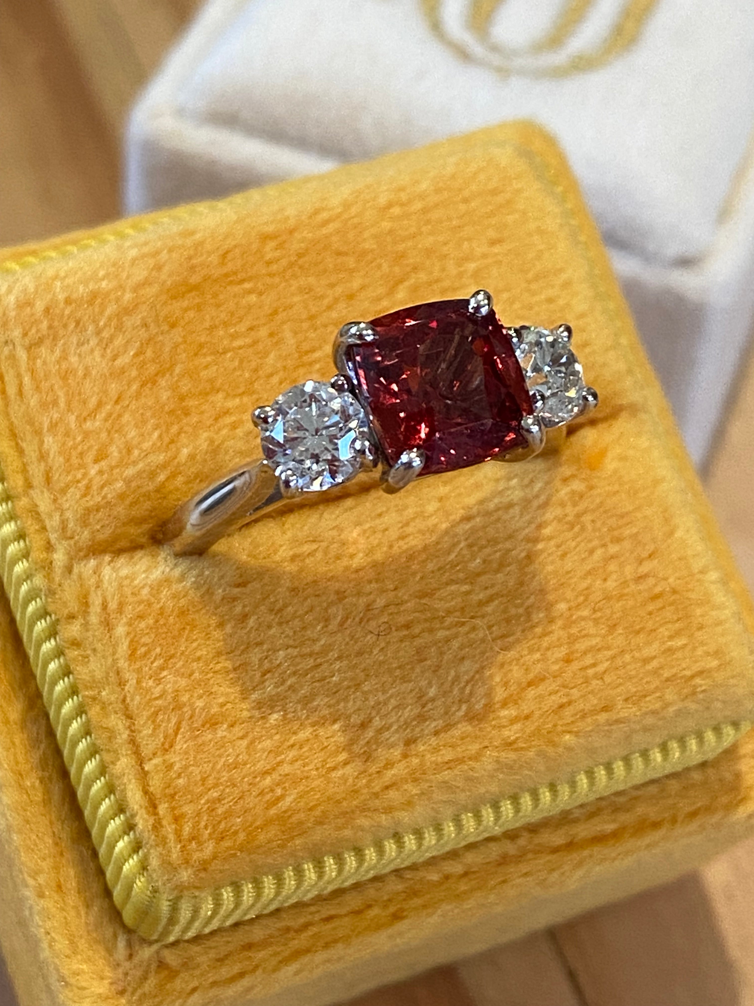 3.28 CTW Rhodolite Garnet and Natural Diamond Three Stone Ring in Platinum