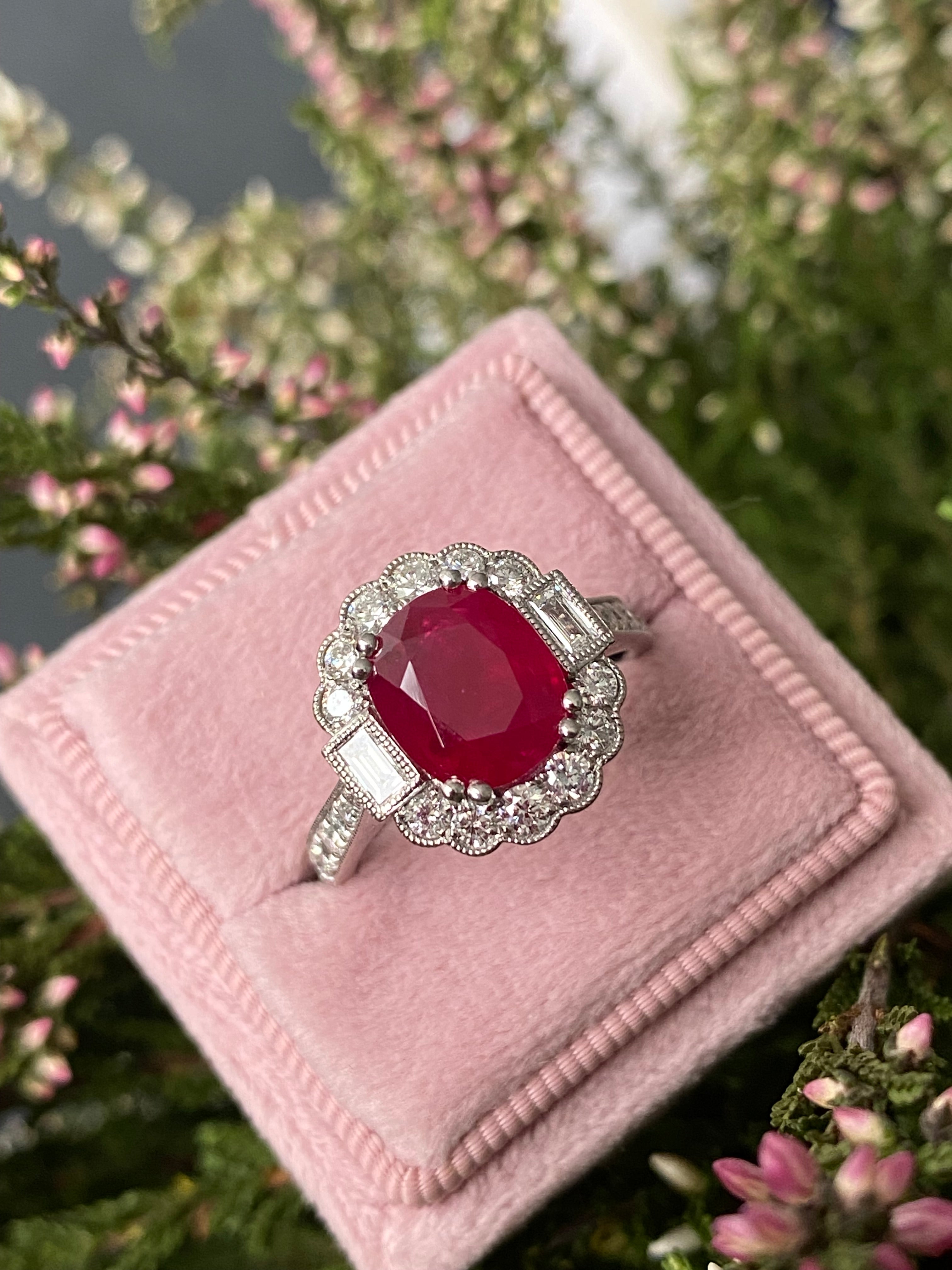 3.54 Carat Oval-Cut Ruby and 0.77 ctw Natural Diamond Halo Ring in Platinum