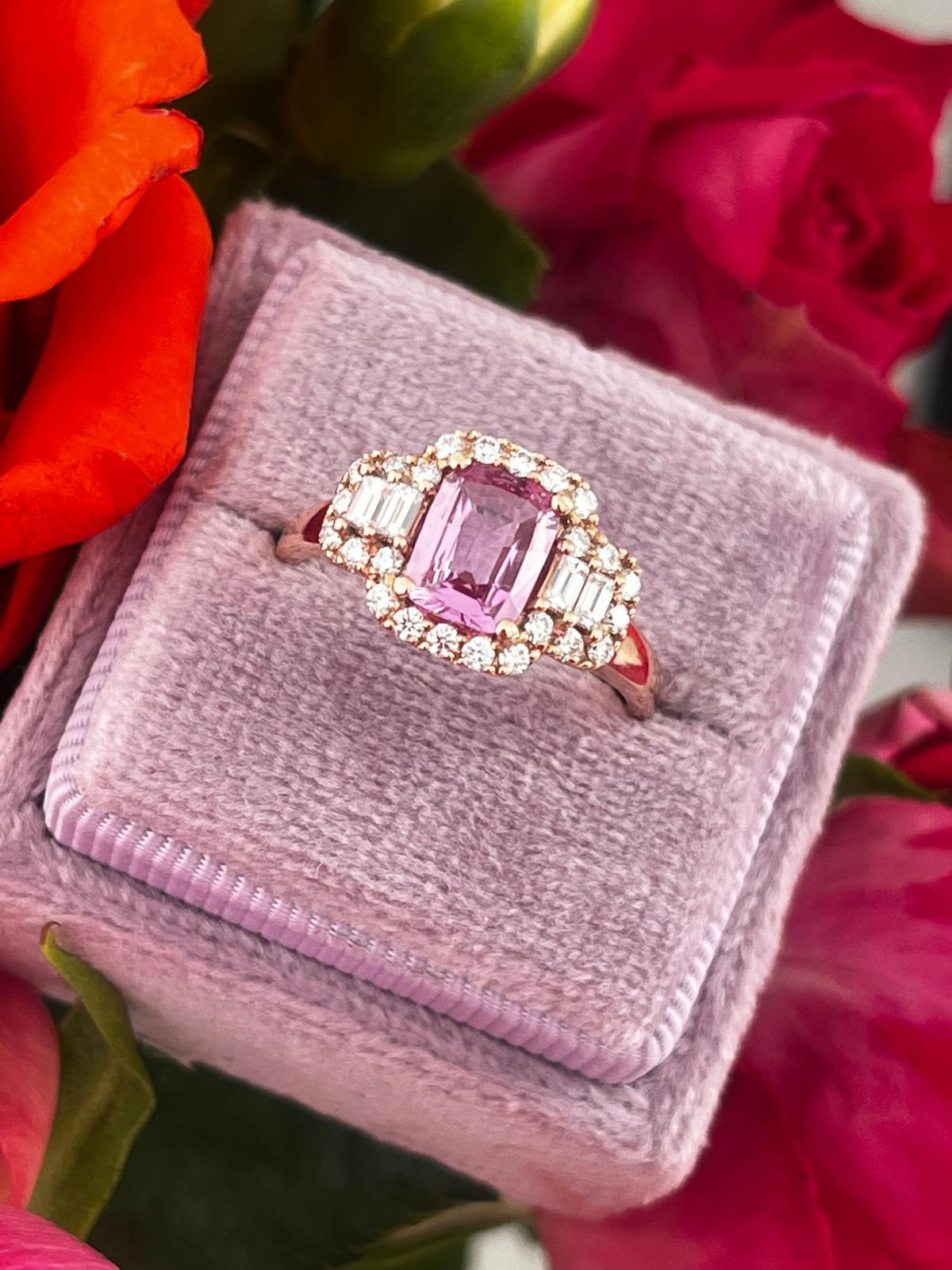 1.52 CTW Cushion Cut Pink Sapphire and Natural Diamond Halo Engagement Ring in 18ct Rose Gold