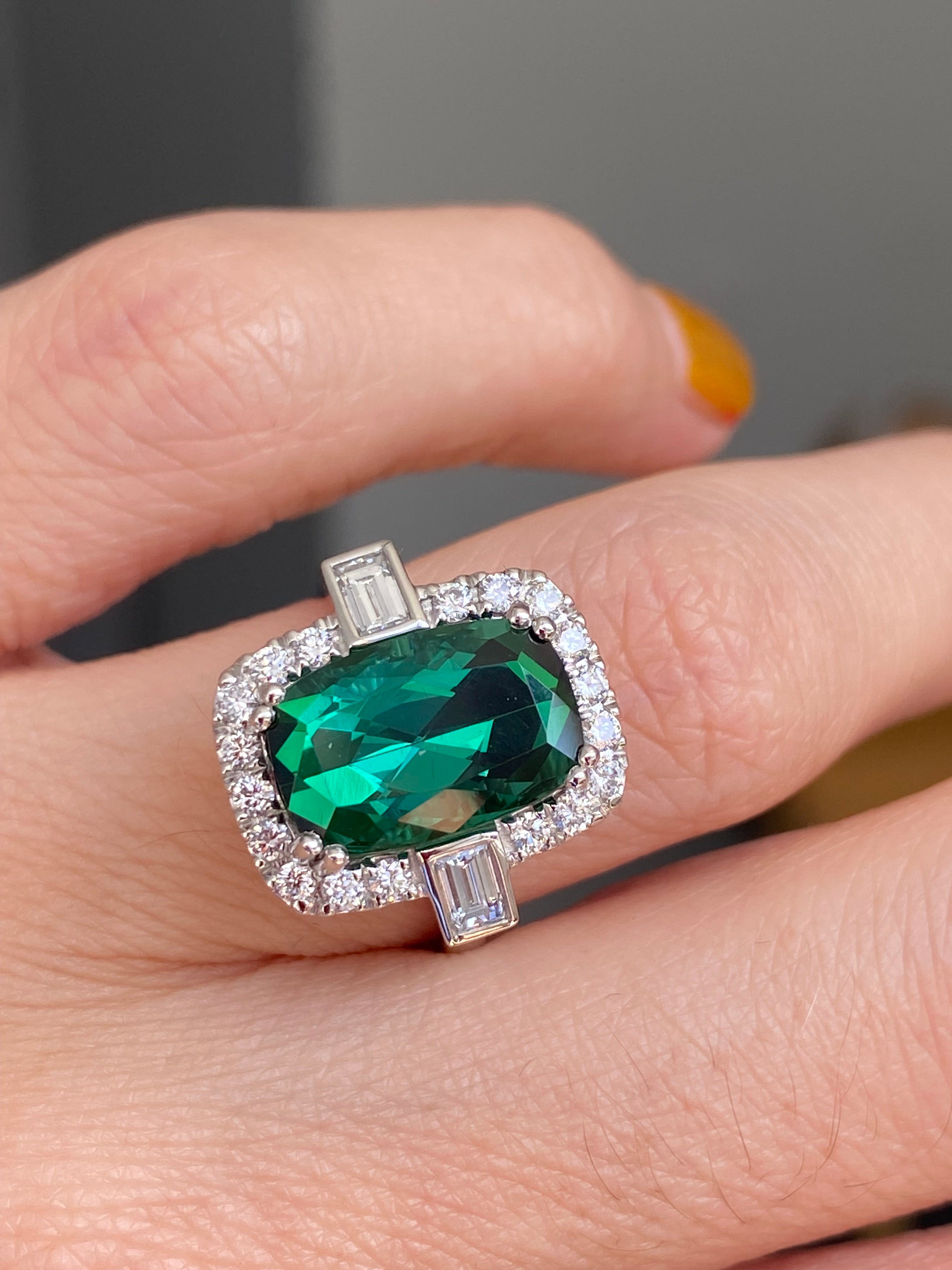 6.35 CTW Cut Teal Tourmaline and Natural Diamond Ring in Platinum