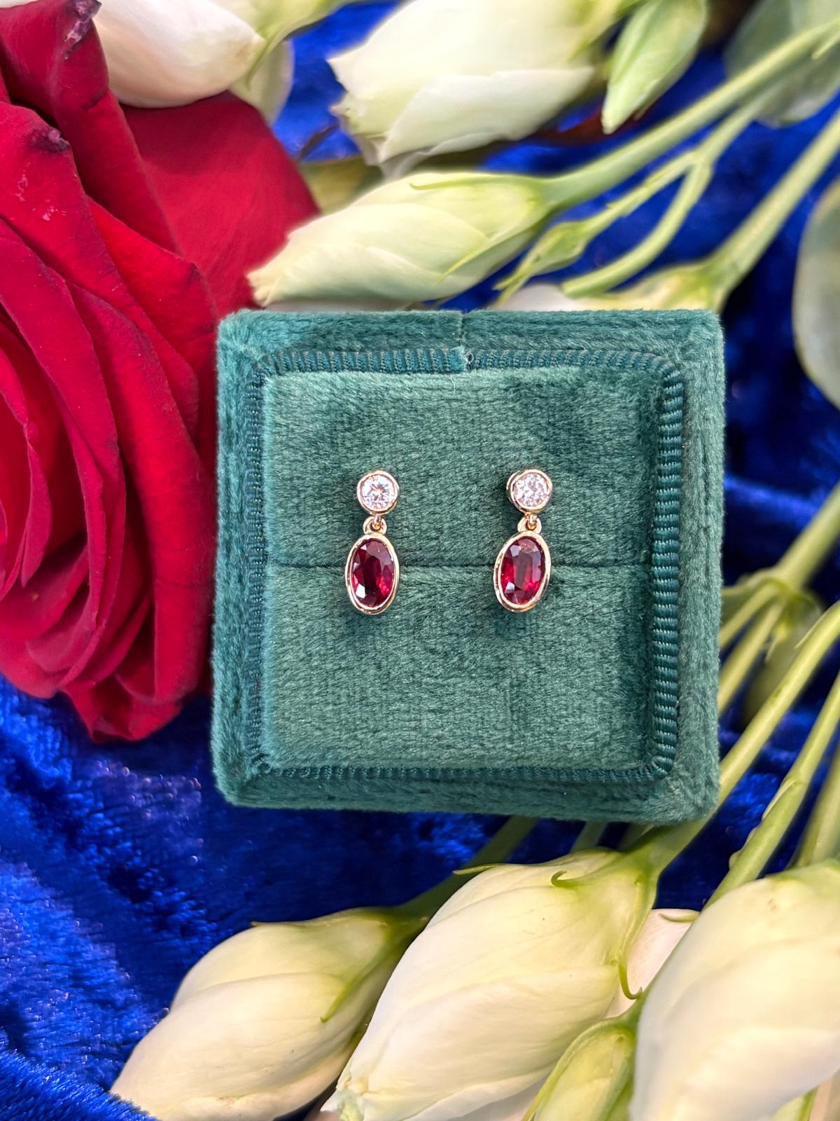 Beautiful Ruby and Diamond Stud Drop Earrings in 18ct Yellow Gold