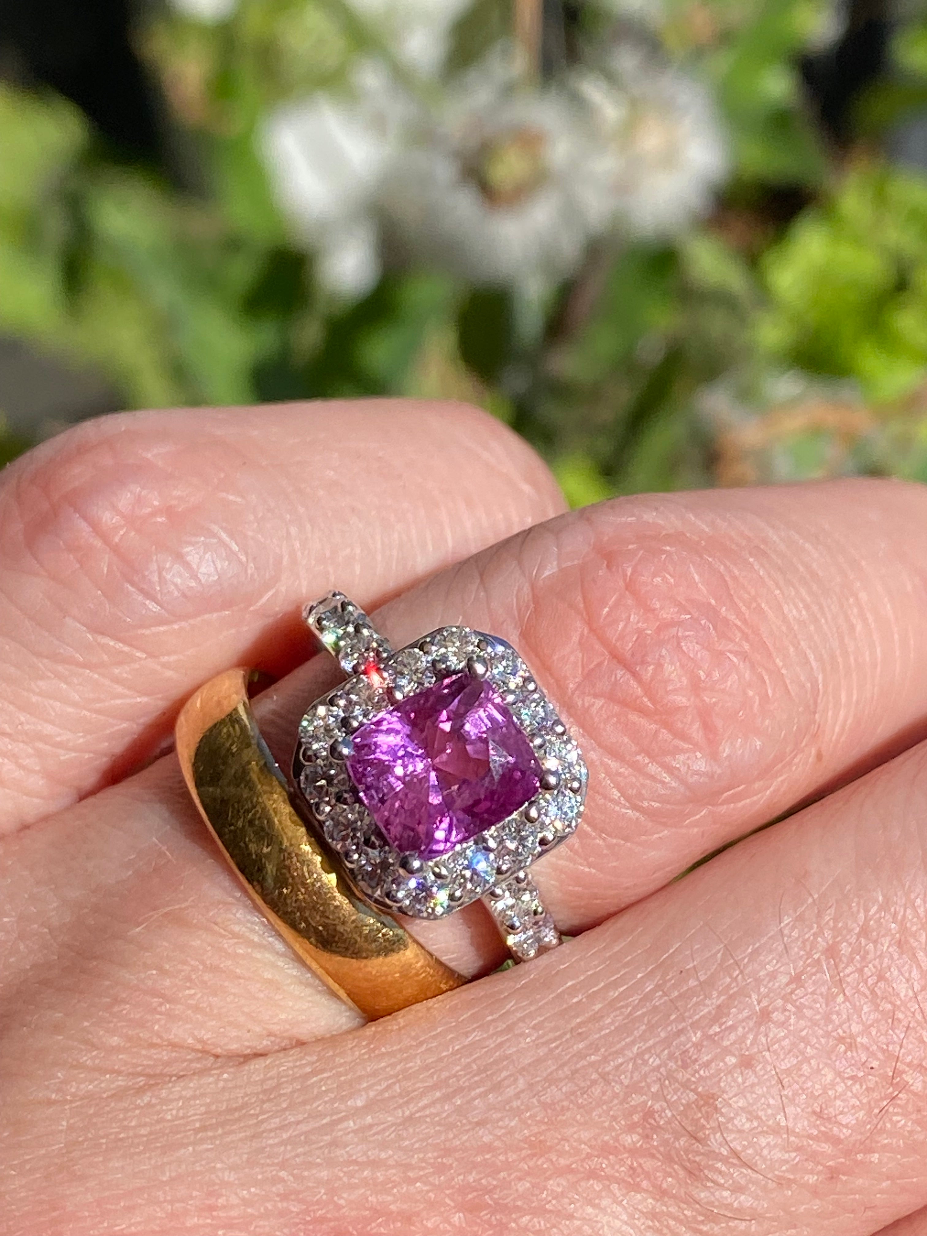 3.08 CTW Cushion Cut Pink Sapphire and Natural Diamond Art Deco Style Ring in Platinum
