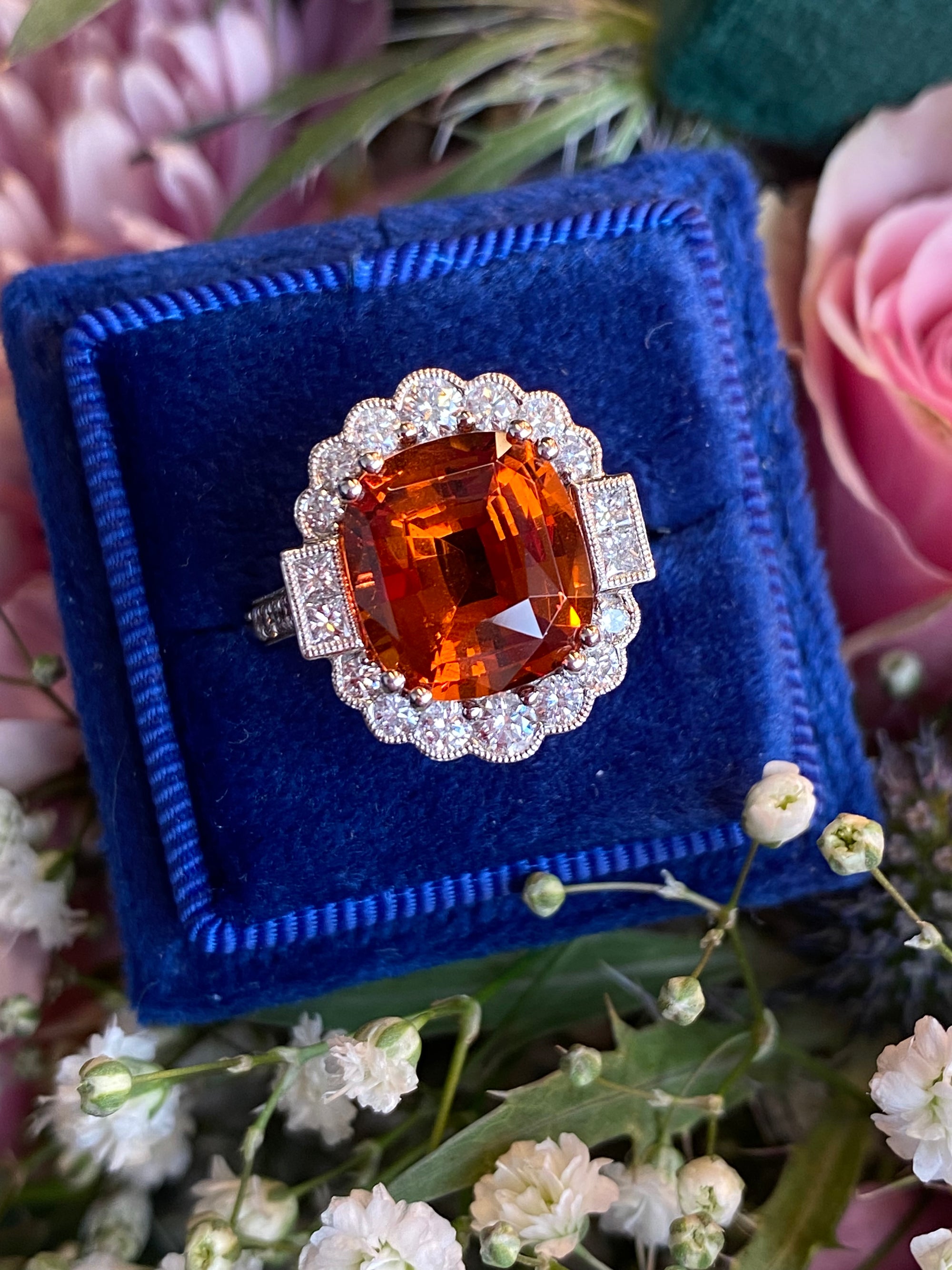 5.95 Carat Hessonite Garnet and 1.03ctw Natural Diamond Ring in Platinum