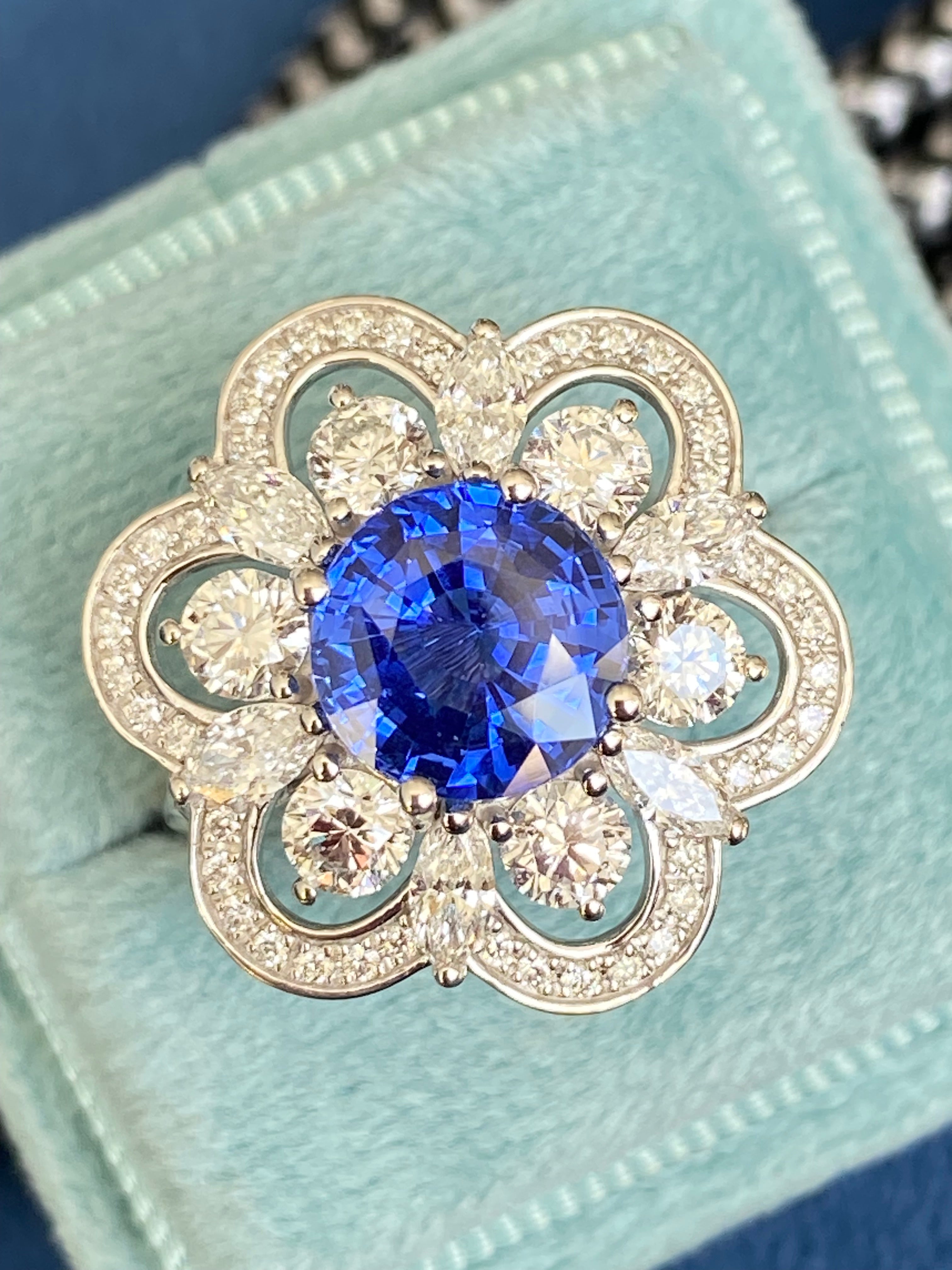 Masterpiece Showstopper 5.44 CTW Ceylon Sapphire and Natural Diamond Halo Cocktail Ring in Platinum