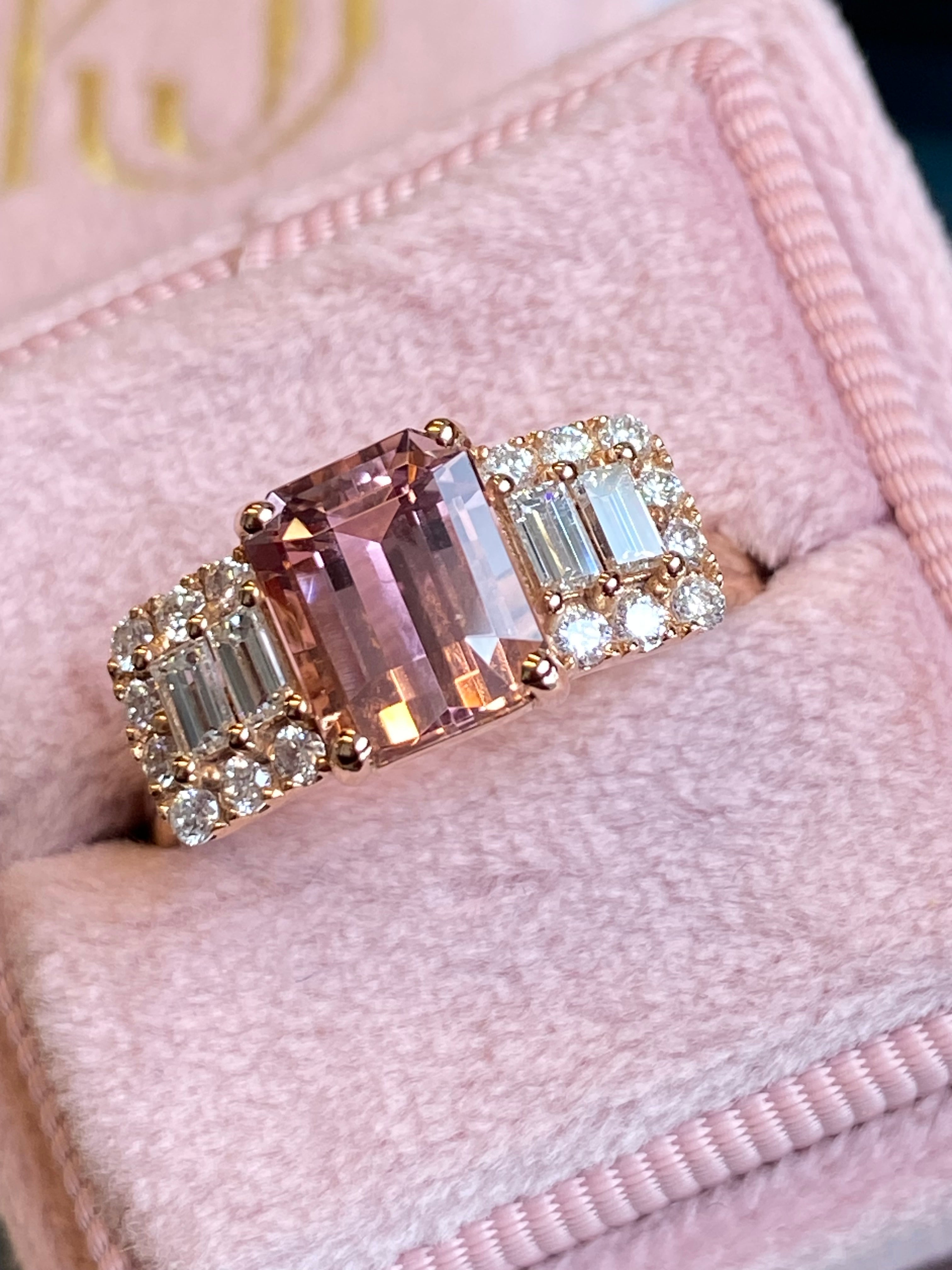 2.49 CTW Emerald Cut Morganite and Diamond Three Stone Style Engagement Ring in 18ct Rose Gold