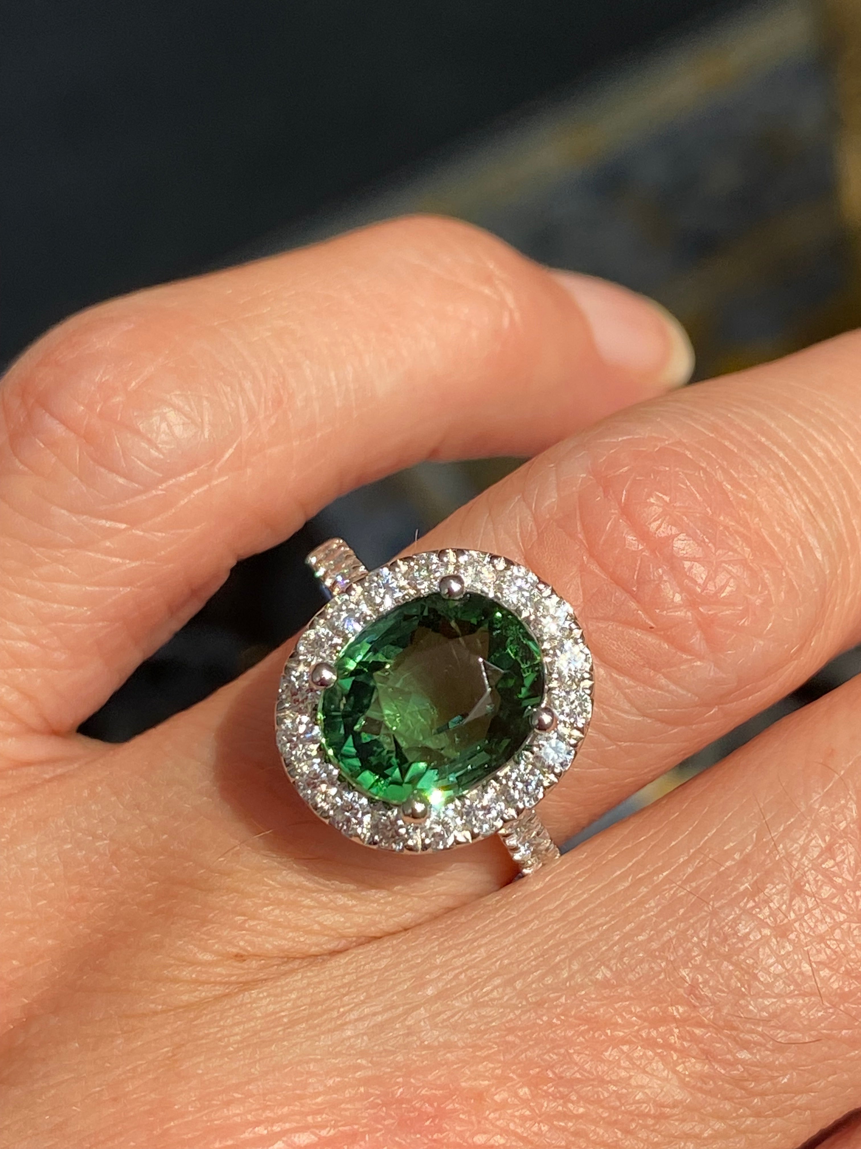 5.45 CTW Green Tourmaline and Natural Diamond Halo Ring in Platinum