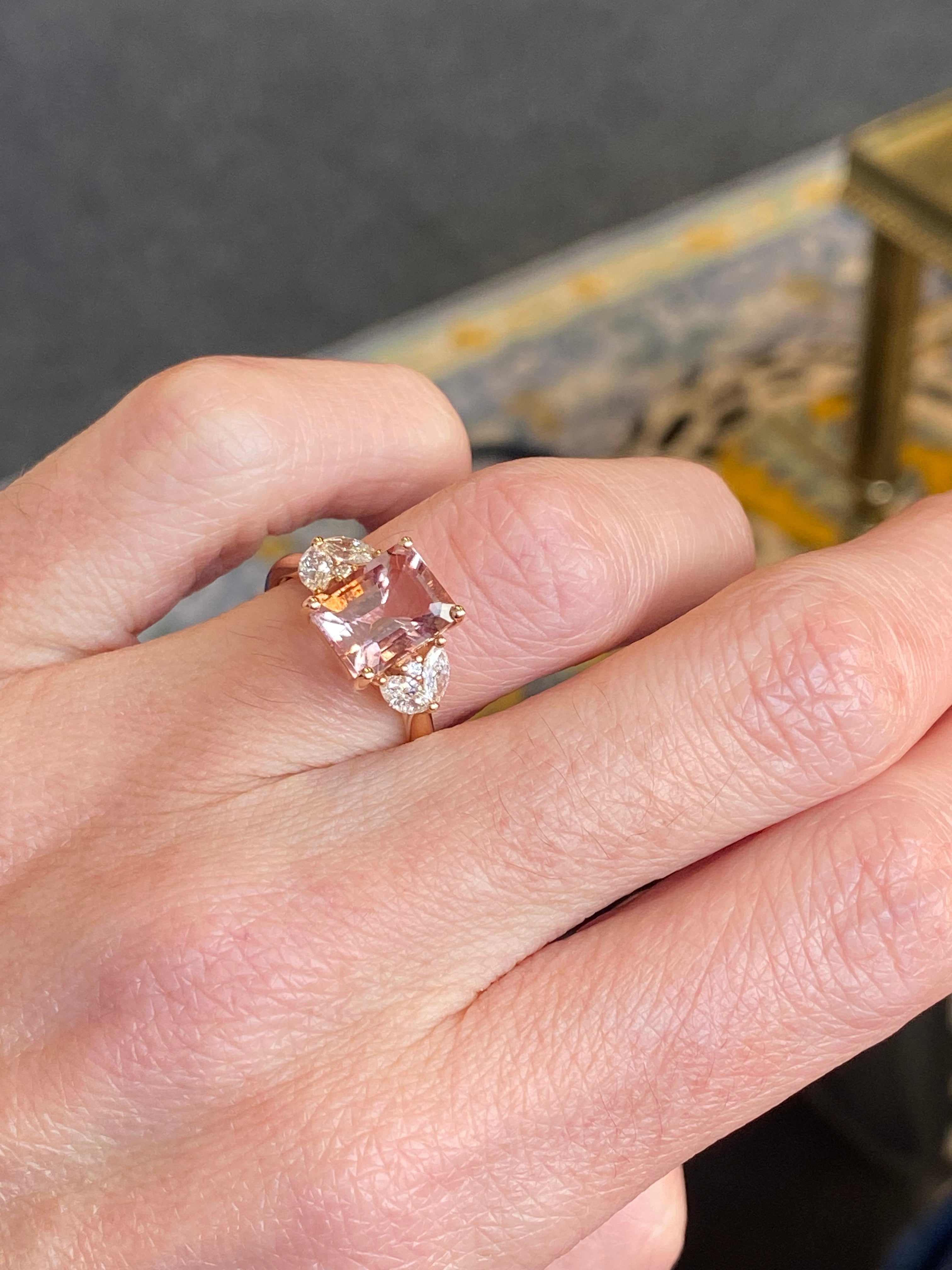 3.25 CTW Emerald Cut Morganite and Diamond Three Stone Engagement Ring in 18ct Rose Gold