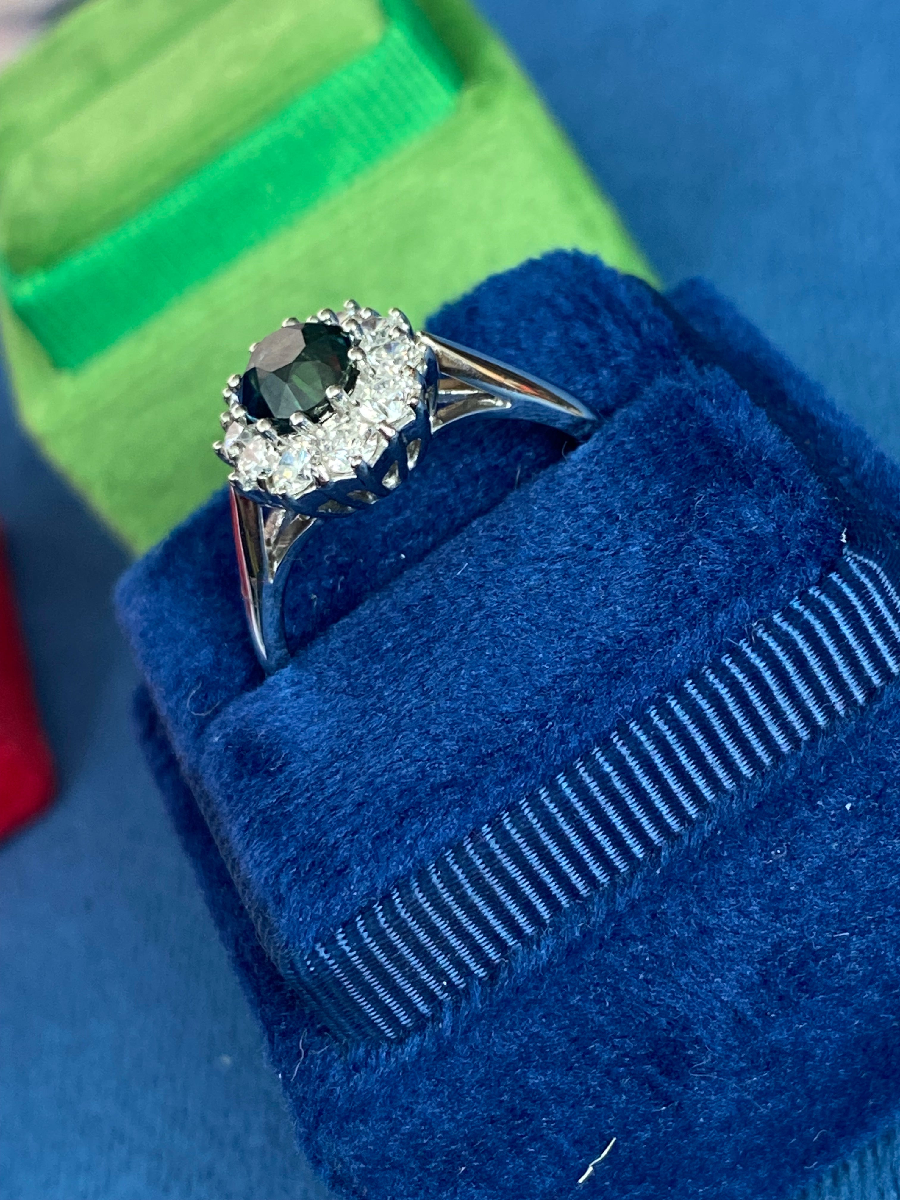 2.18 CTW Oval Cut Teal Sapphire and Natural Diamond Halo Ring in Platinum