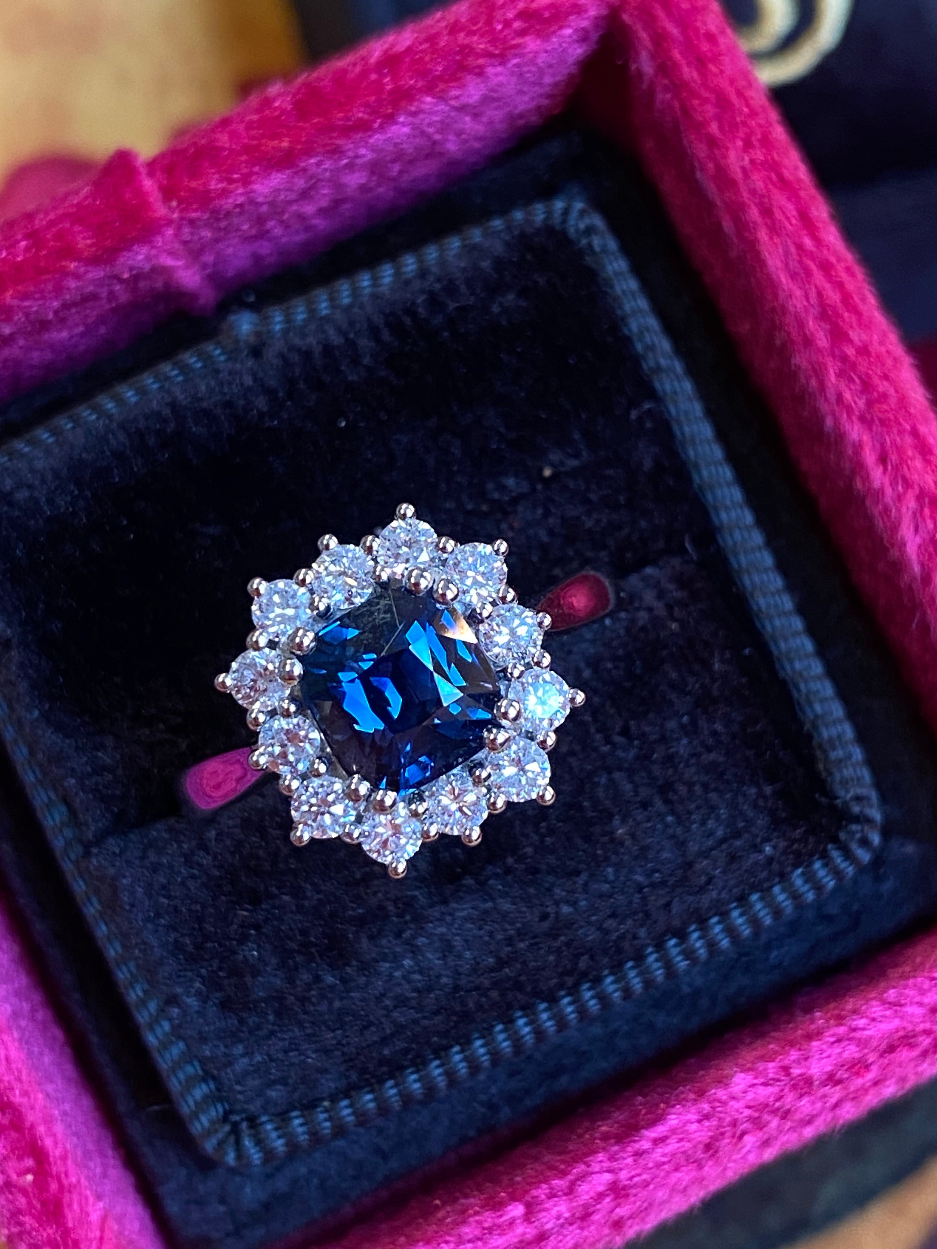 2.00 Carat Cushion Cut Teal Sapphire and Natural Diamond Halo Ring in Platinum