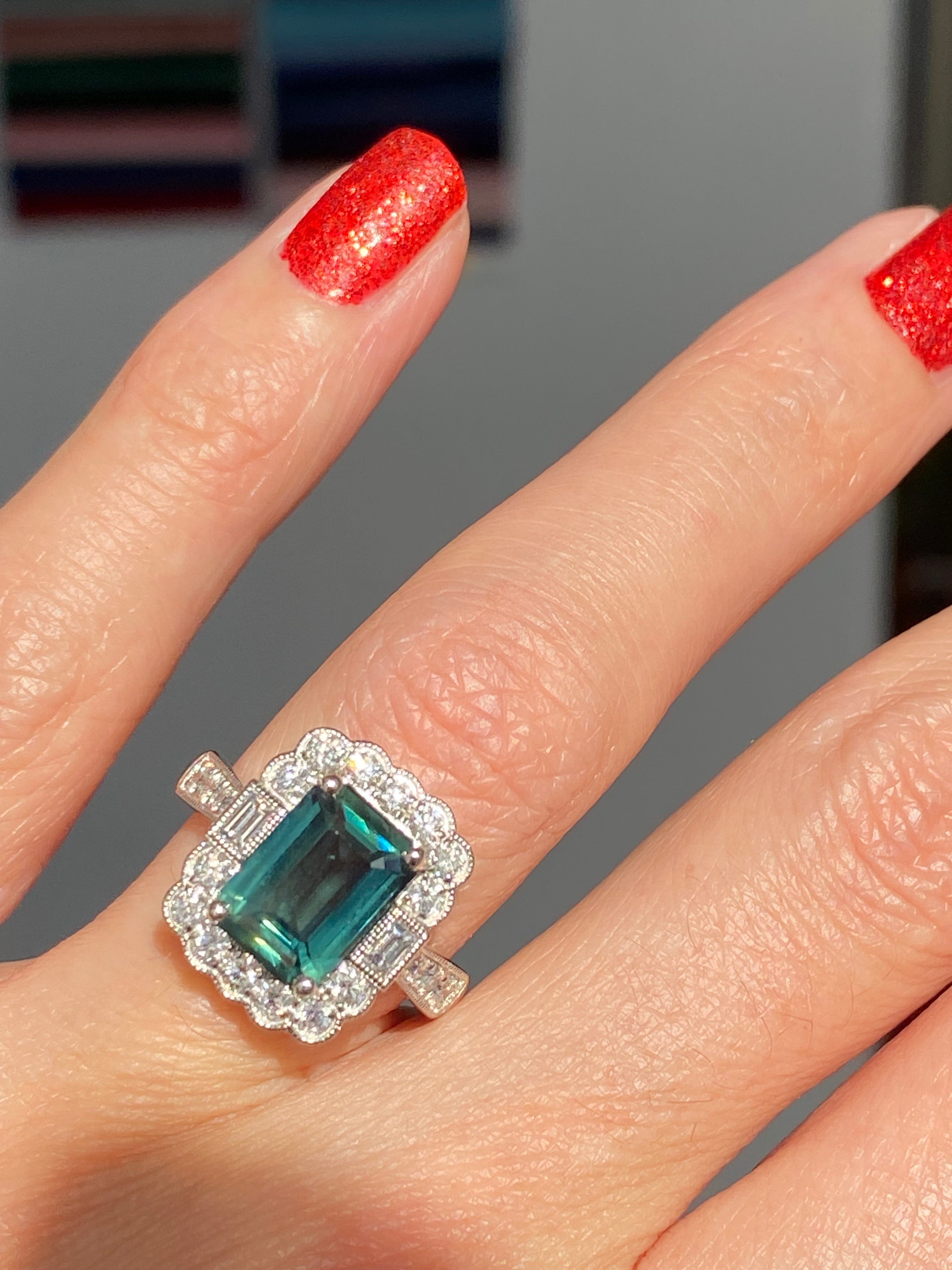 3.73 Carat Teal Sapphire and Natural Diamond Ring in Platinum