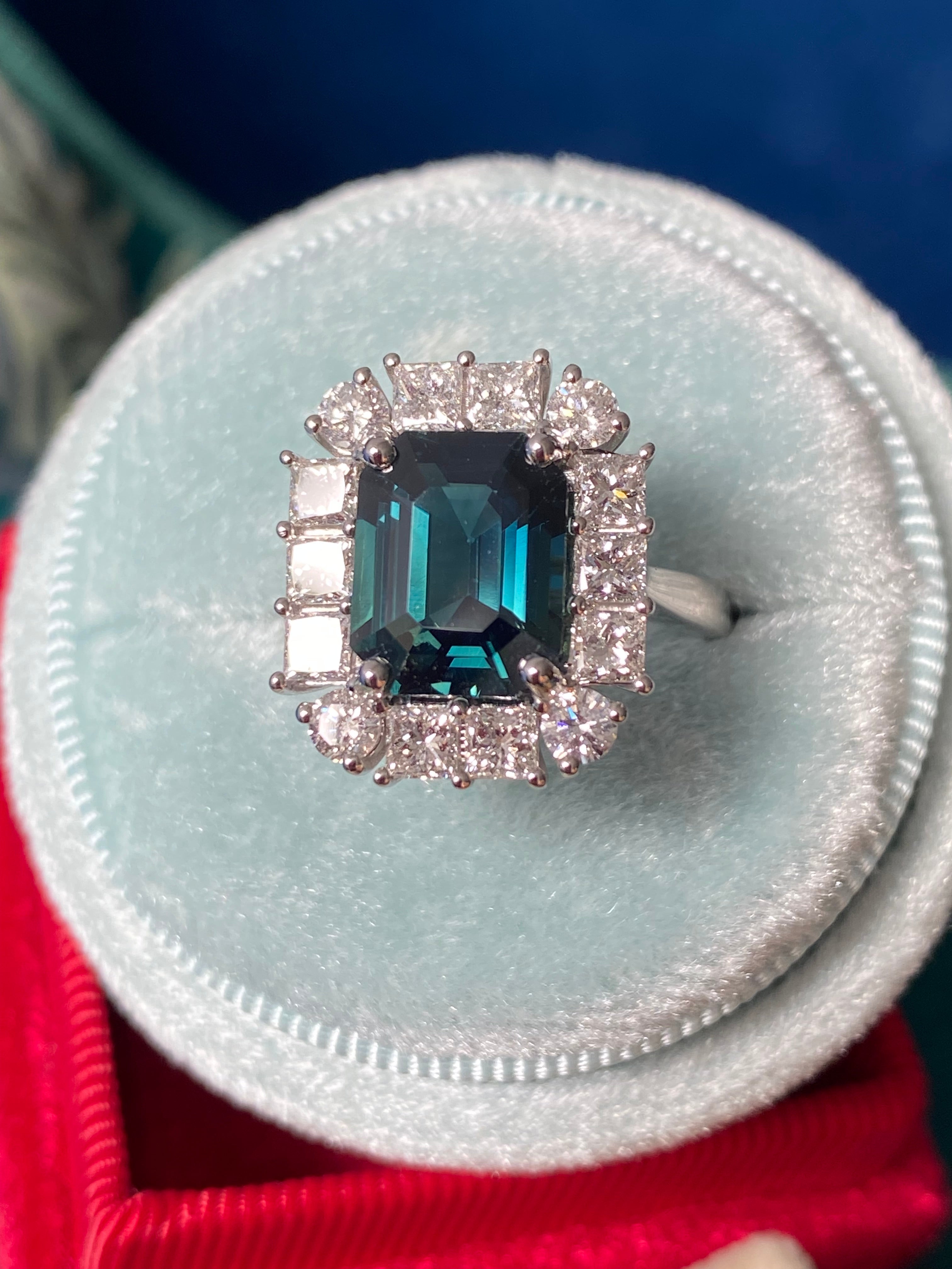 5.61 CTW Ceylon Teal Sapphire and Natural Diamond Ring in Platinum
