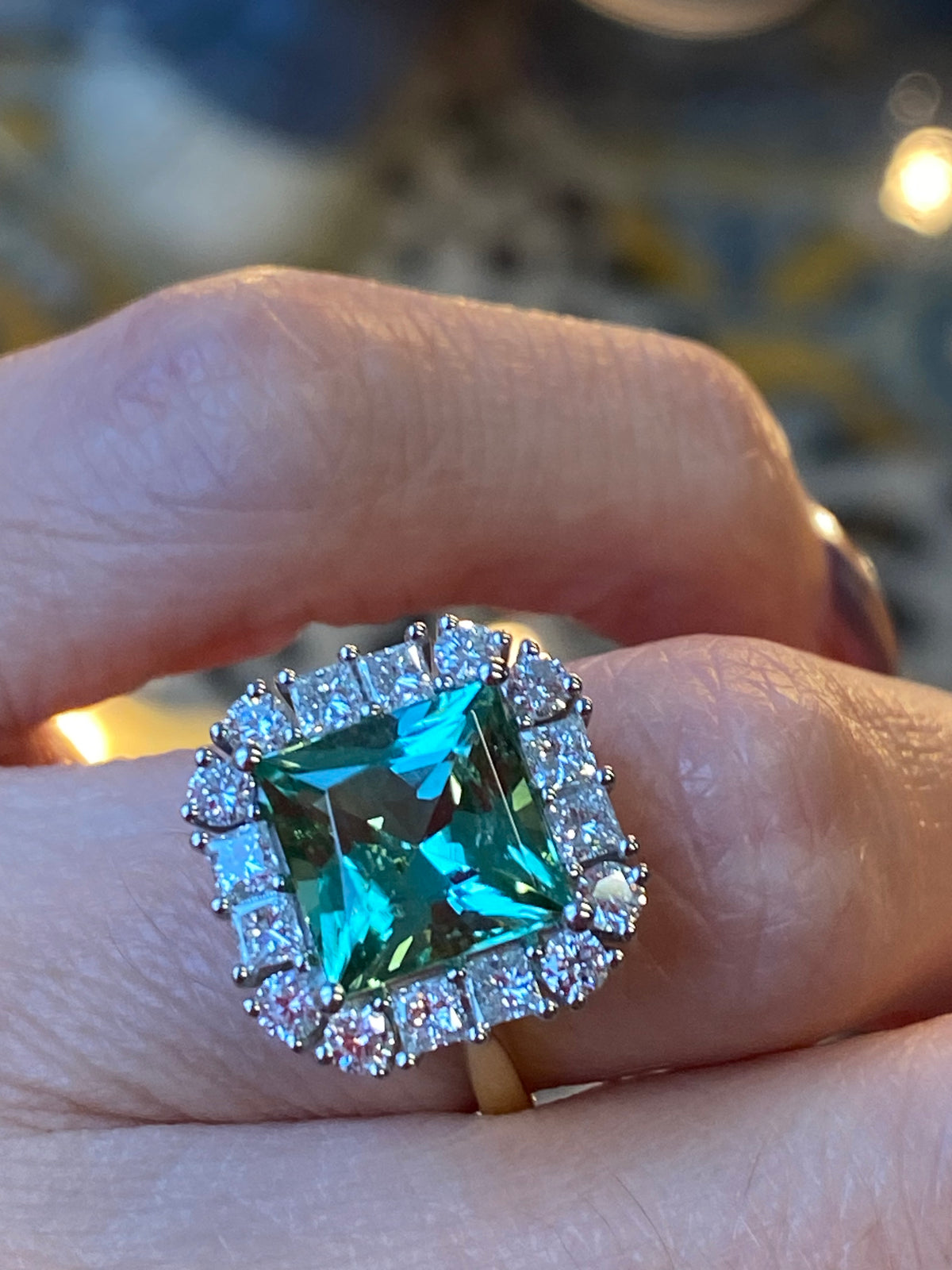 4.73 CTW Princess Cut Mint Tourmaline and Natural Diamond Ring in Platinum and 18ct Yellow Gold