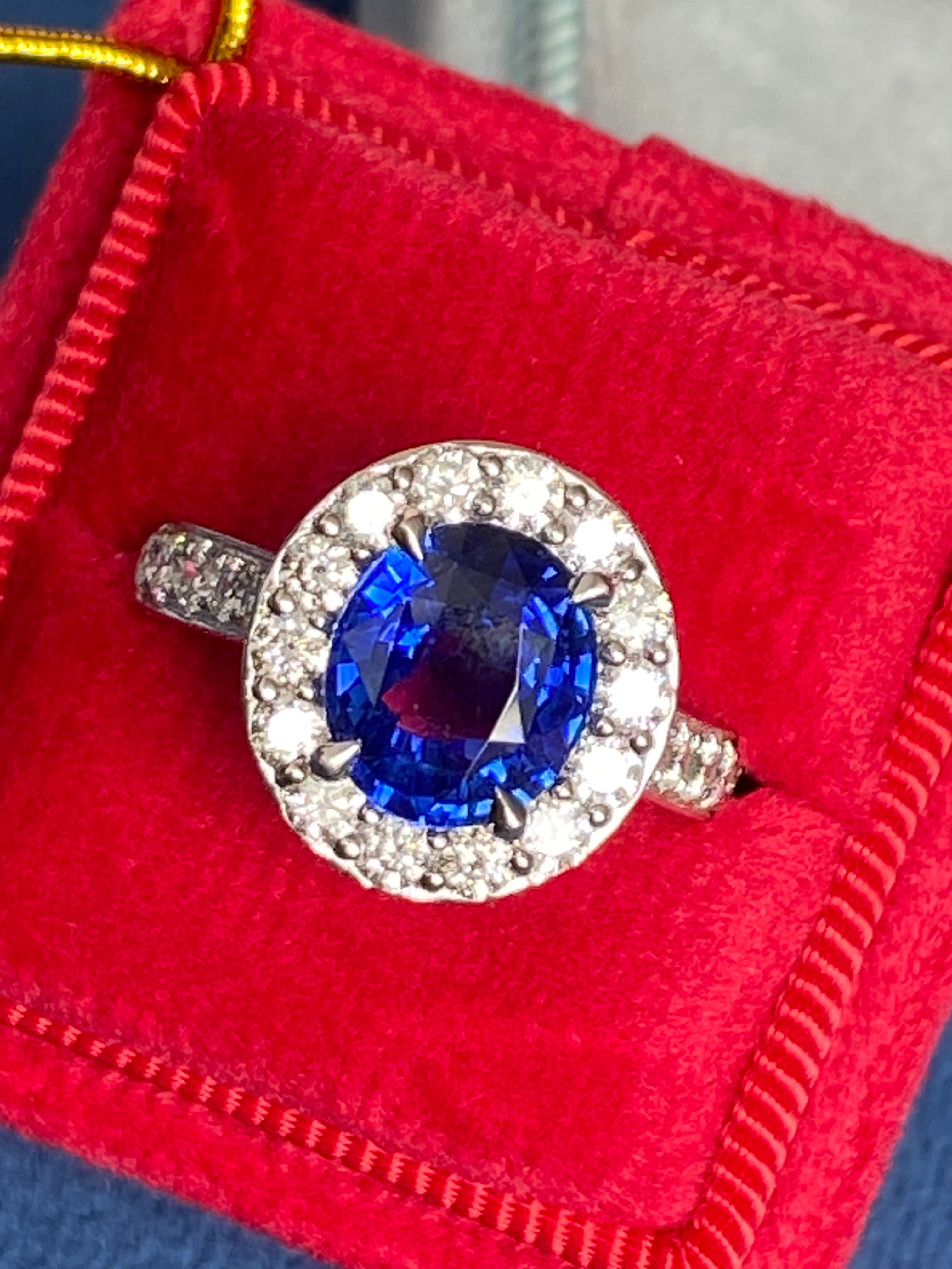 3.01 Carat Blue Ceylon Sapphire and Natural Diamond Halo Ring in Platinum