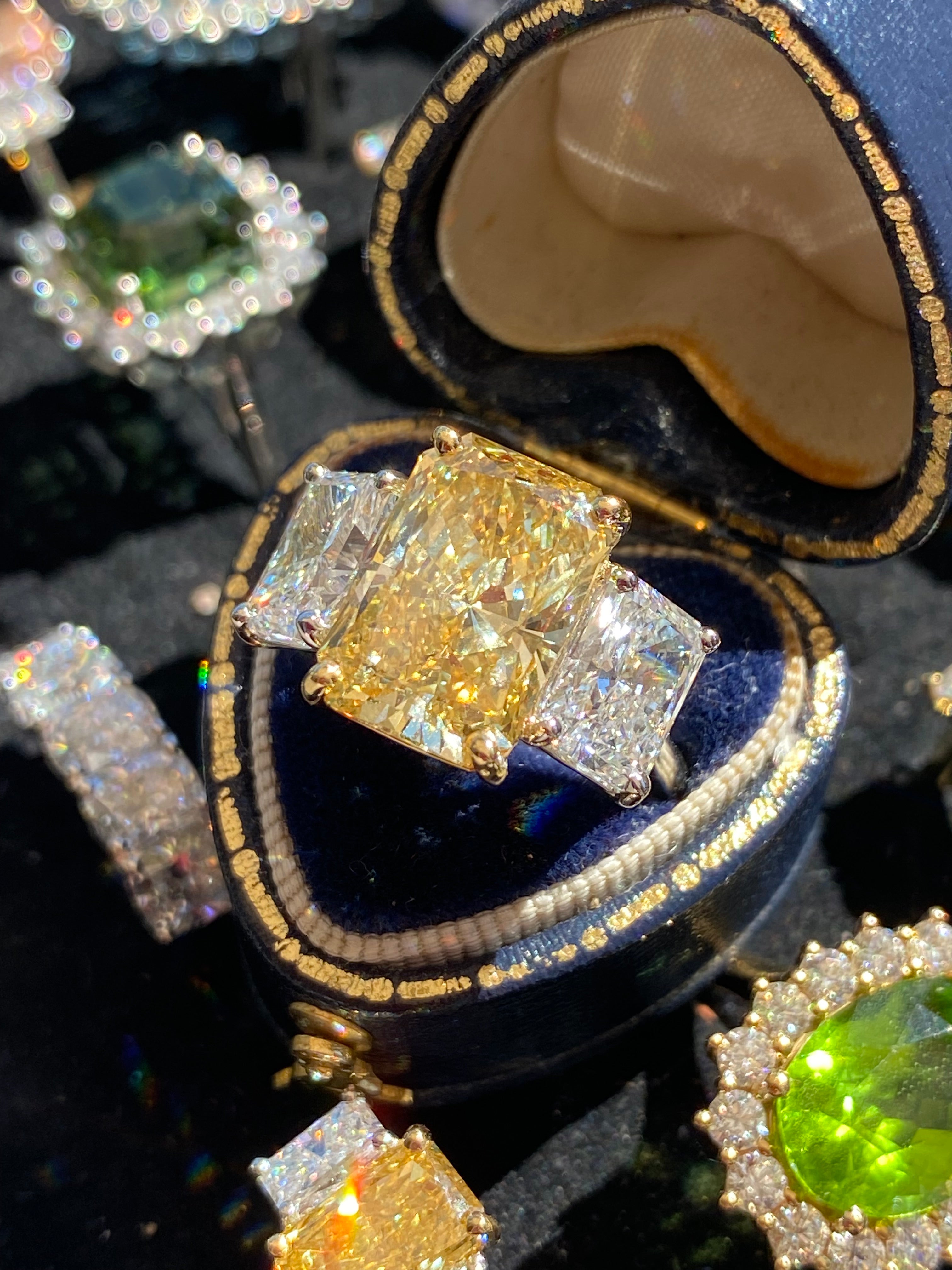8.29 CTW Radiant Cut Fancy Yellow Lab Diamond Three Stone Engagement Ring in Platinum and 18ct Yellow Gold