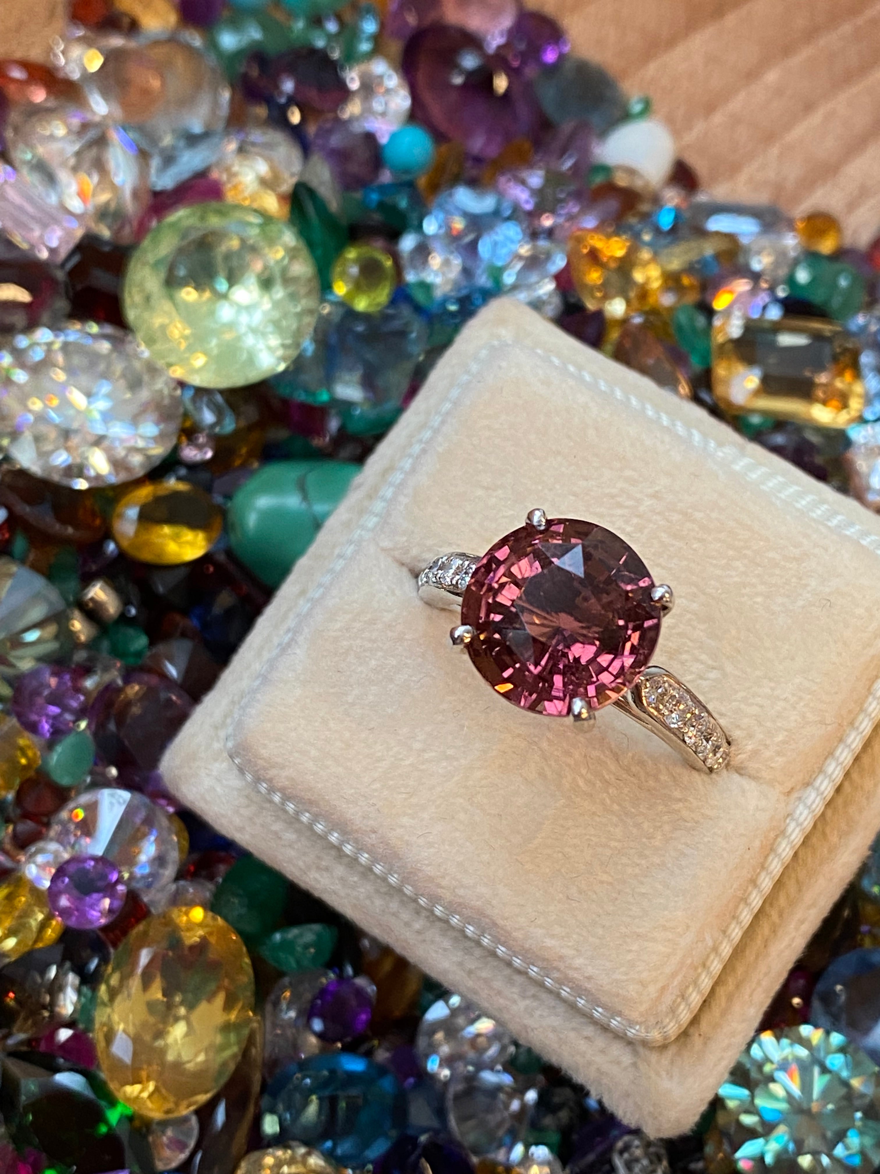 5.09 Carat Round Cut Pink Tourmaline and Natural Diamond Engagement Ring in Platinum