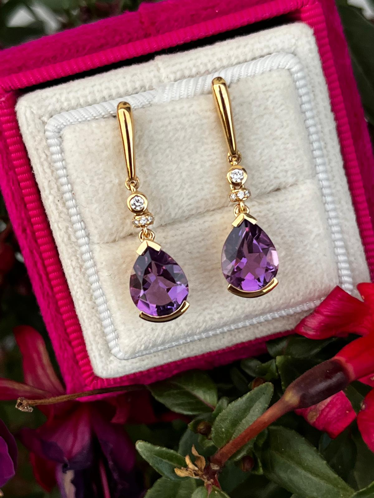 2.99 CTW Amethyst and Diamond Drop Earrings in 18ct Yellow Gold