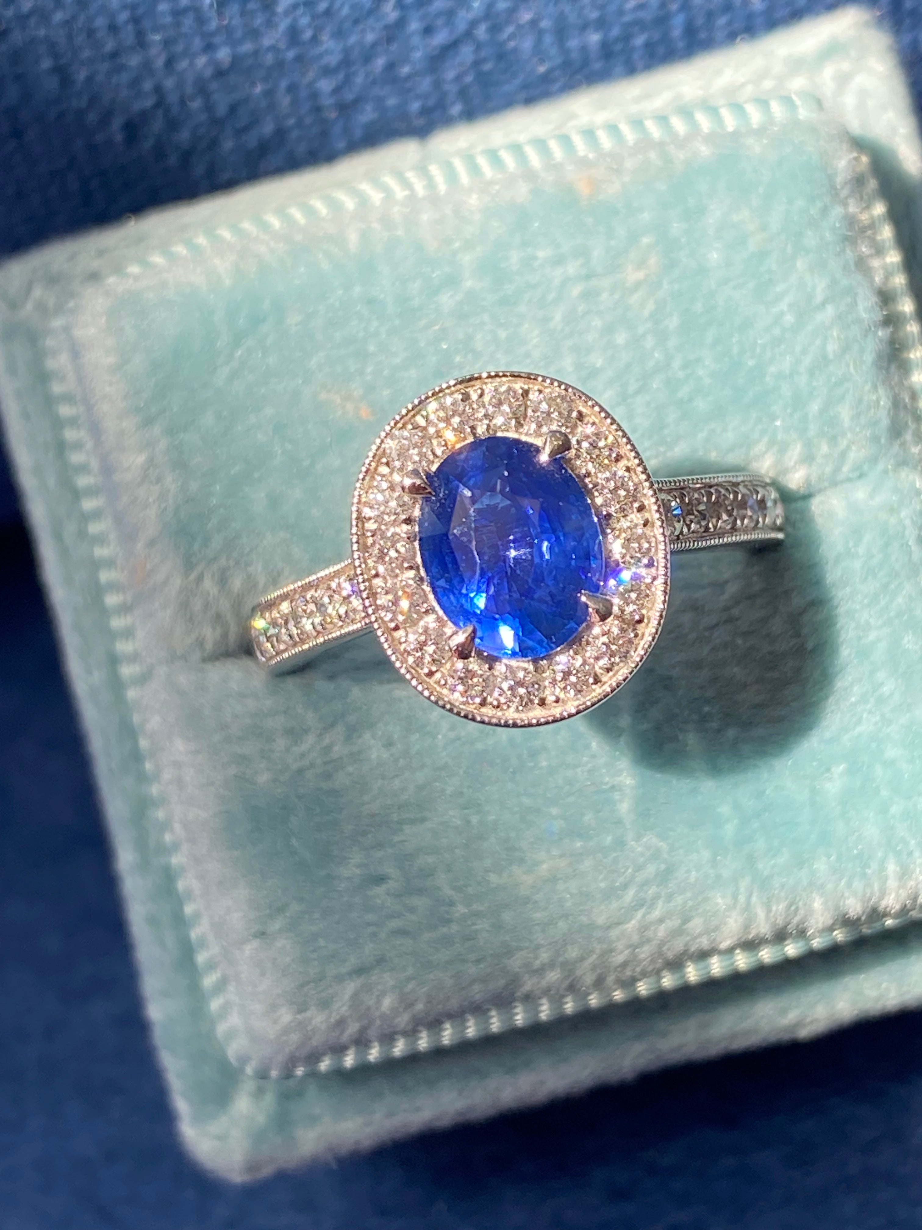 1.98 CTW Blue Ceylon Sapphire and Natural Diamond Halo Ring in Platinum