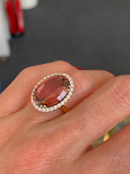 11.48 Carat Pink Tourmaline and Natural Diamond Ring in Platinum and 18ct Yellow Gold