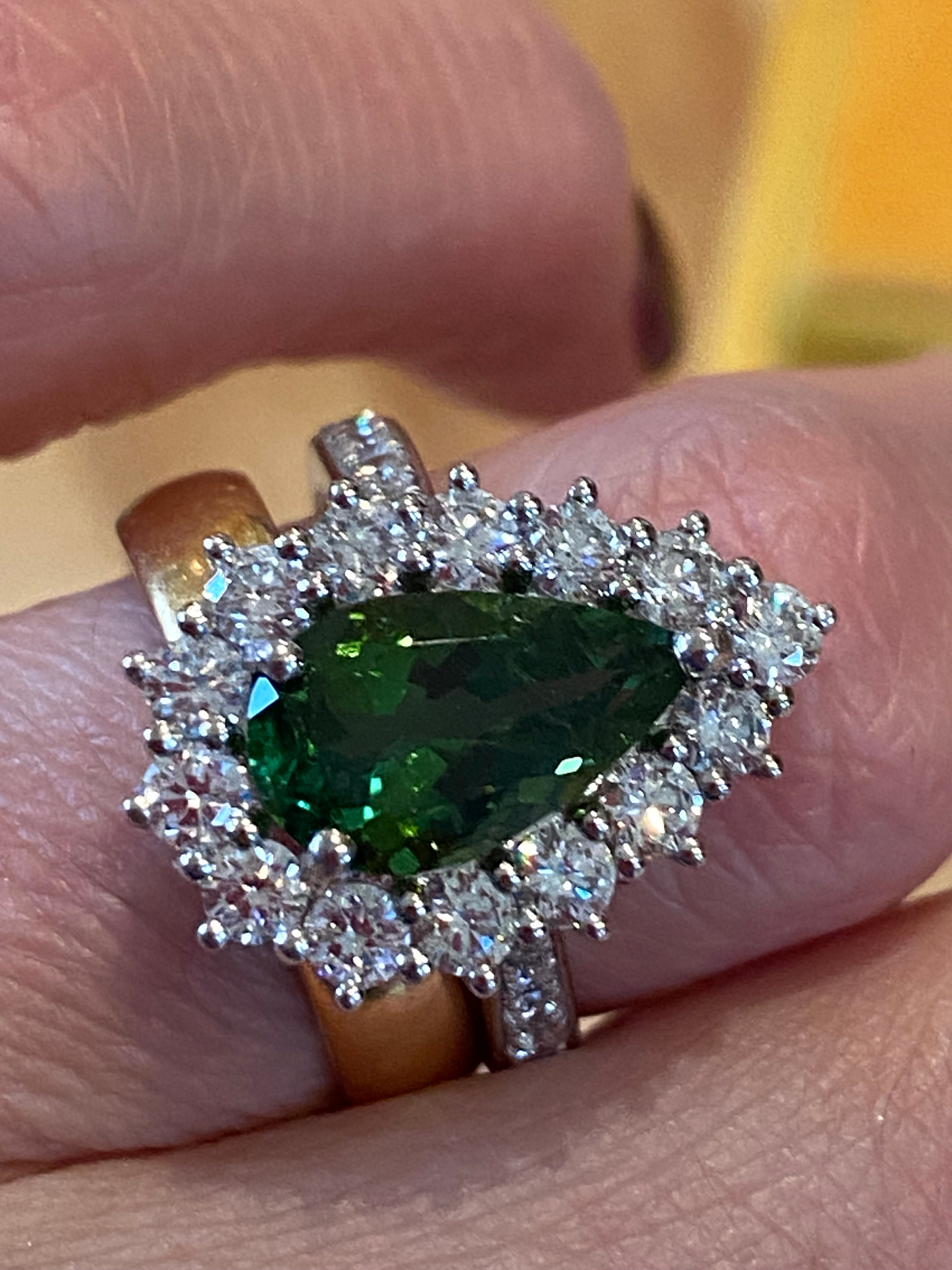 3.97 CTW Pear Cut Green Tourmaline and Natural Diamond Ring in Platinum