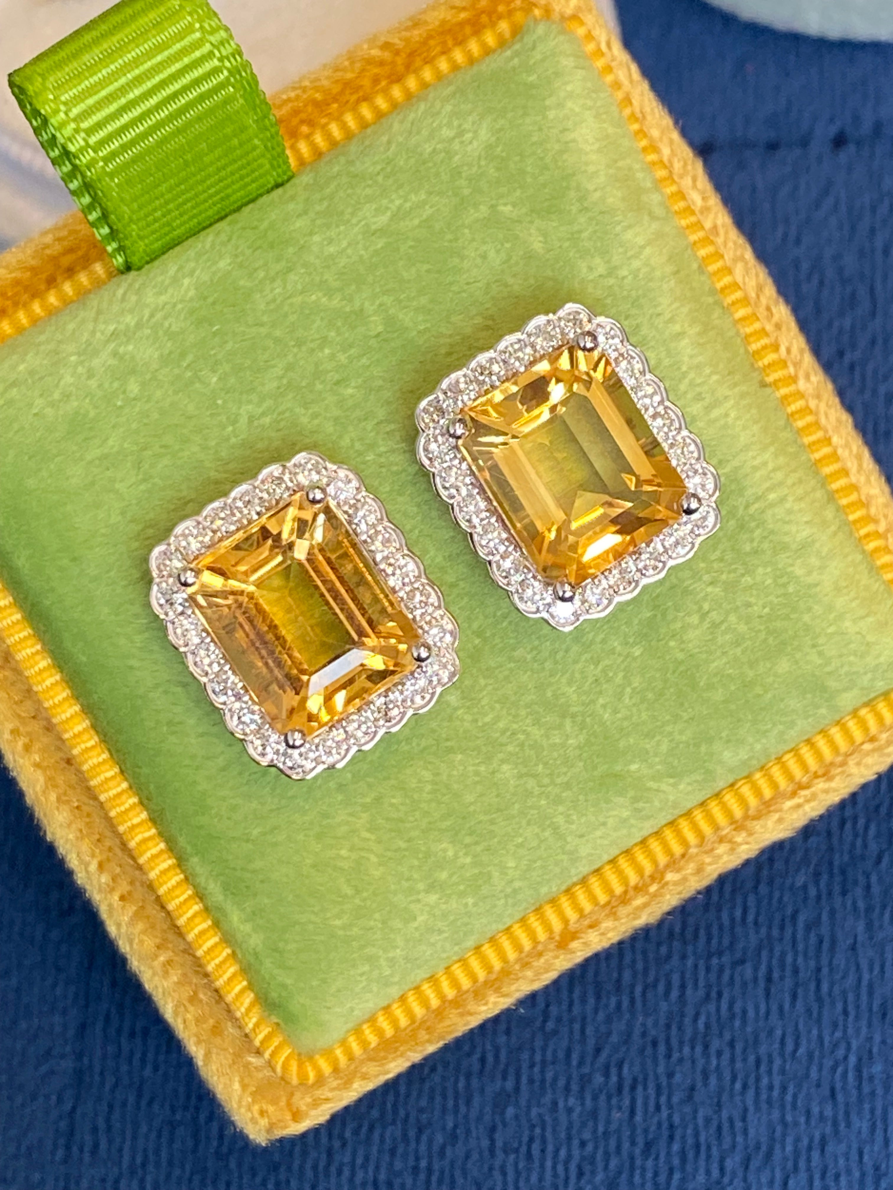 9.31ctw Citrine and Natural Diamond Stud Earrings in 9ct White Gold