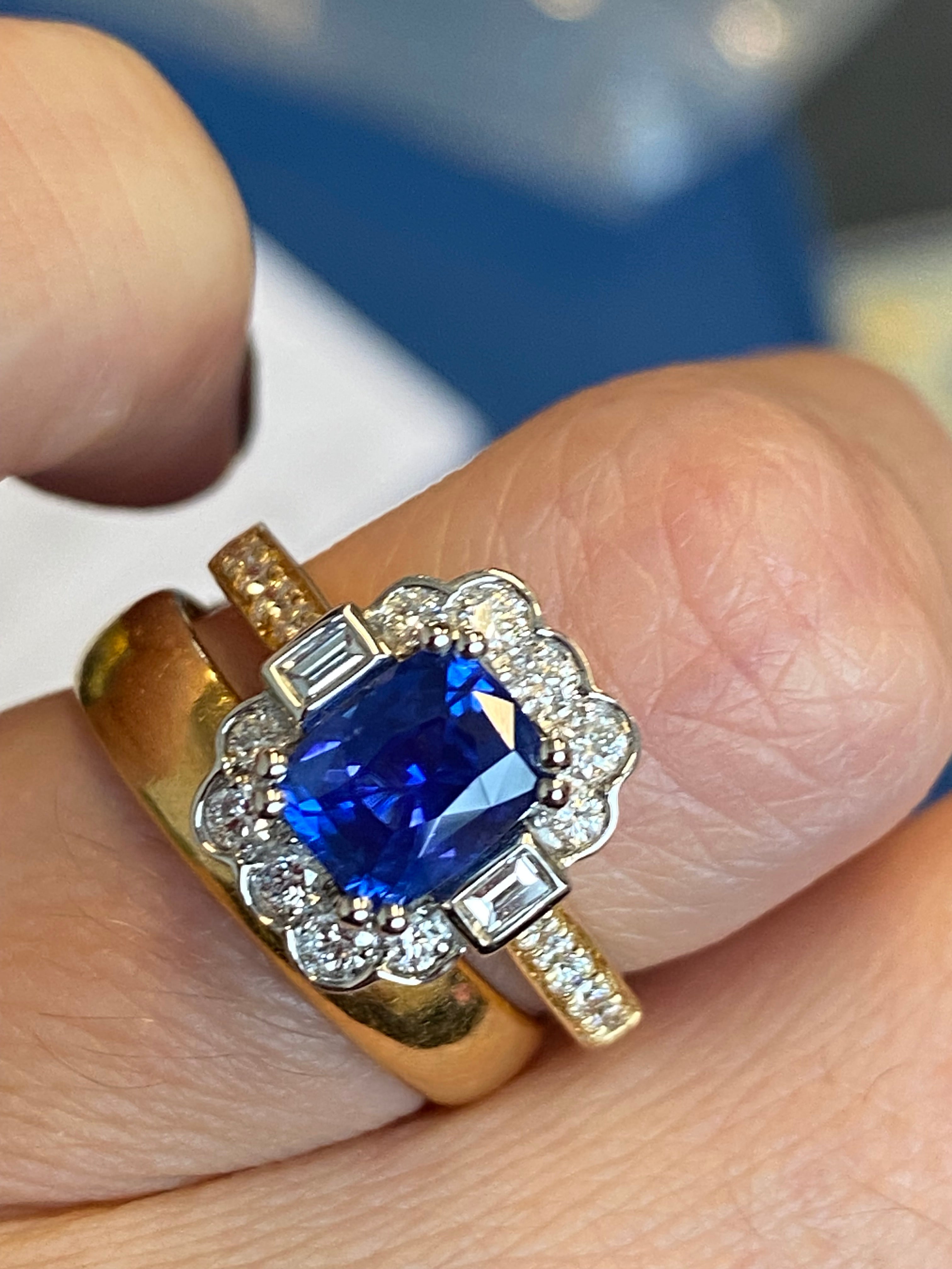 2.11 CTW Cushion Cut Ceylon Sapphire and Natural Diamond Ring in 18ct Yellow Gold