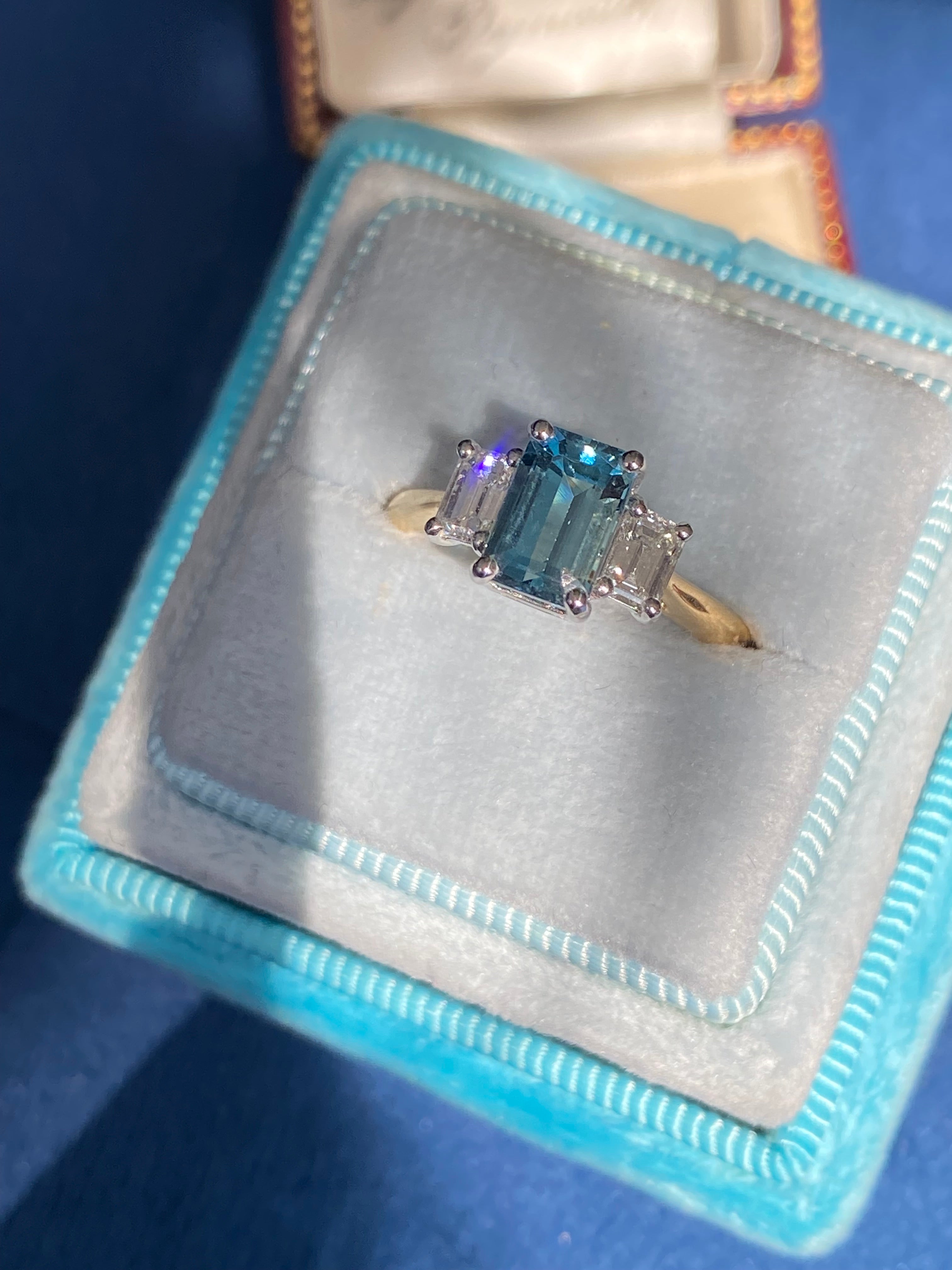 1.73 CTW Aquamarine and Natural Diamond Three Stone Ring in Platinum and 18ct Yellow Gold