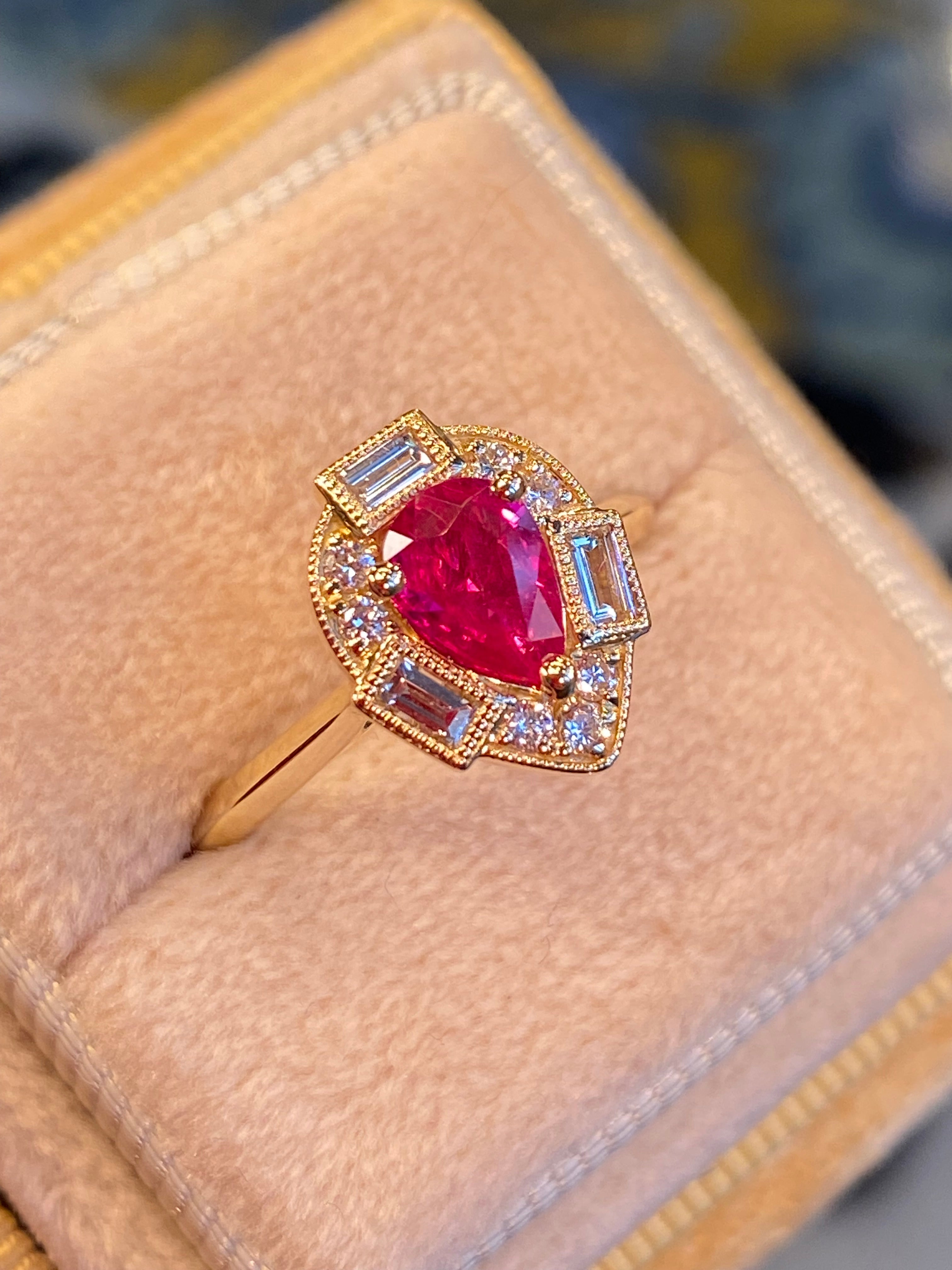 0.85 CTW Pear Cut Ruby and Natural Diamond Halo Ring in 18ct Yellow Gold