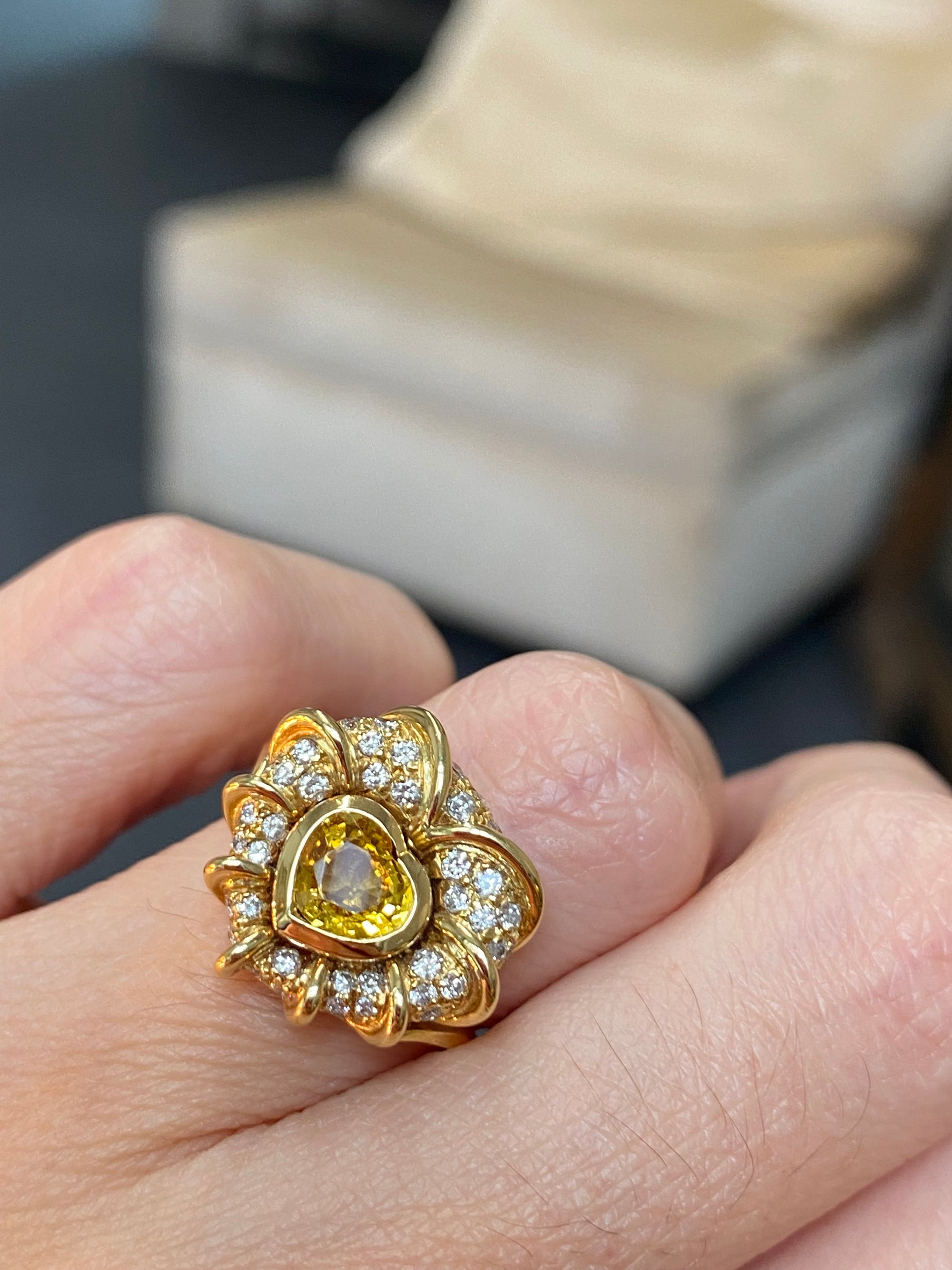 Vintage Yellow Sapphire and Natural Diamond Halo Ring in 18ct Yellow Gold