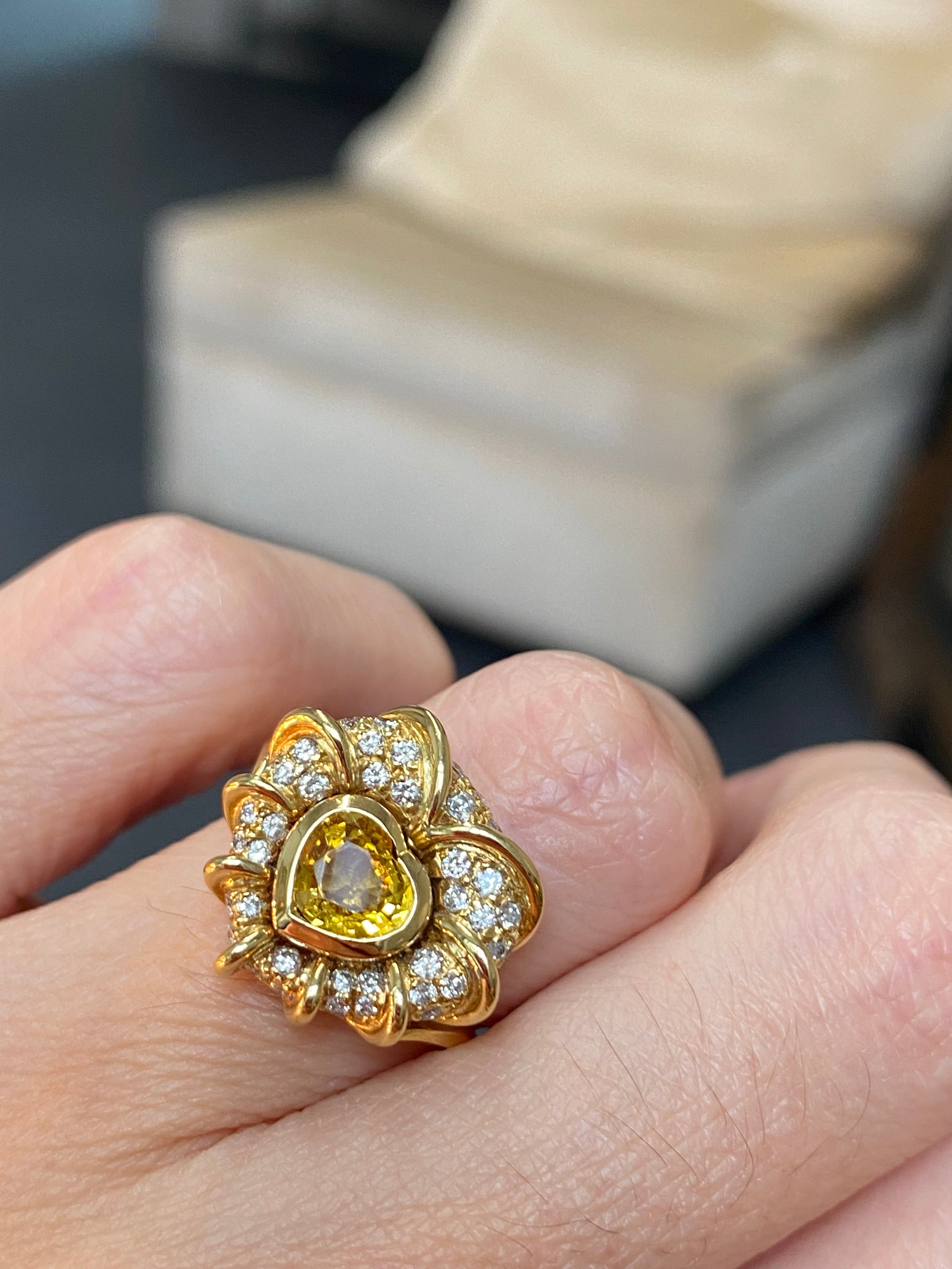 Vintage Yellow Sapphire and Natural Diamond Halo Ring in 18ct Yellow Gold