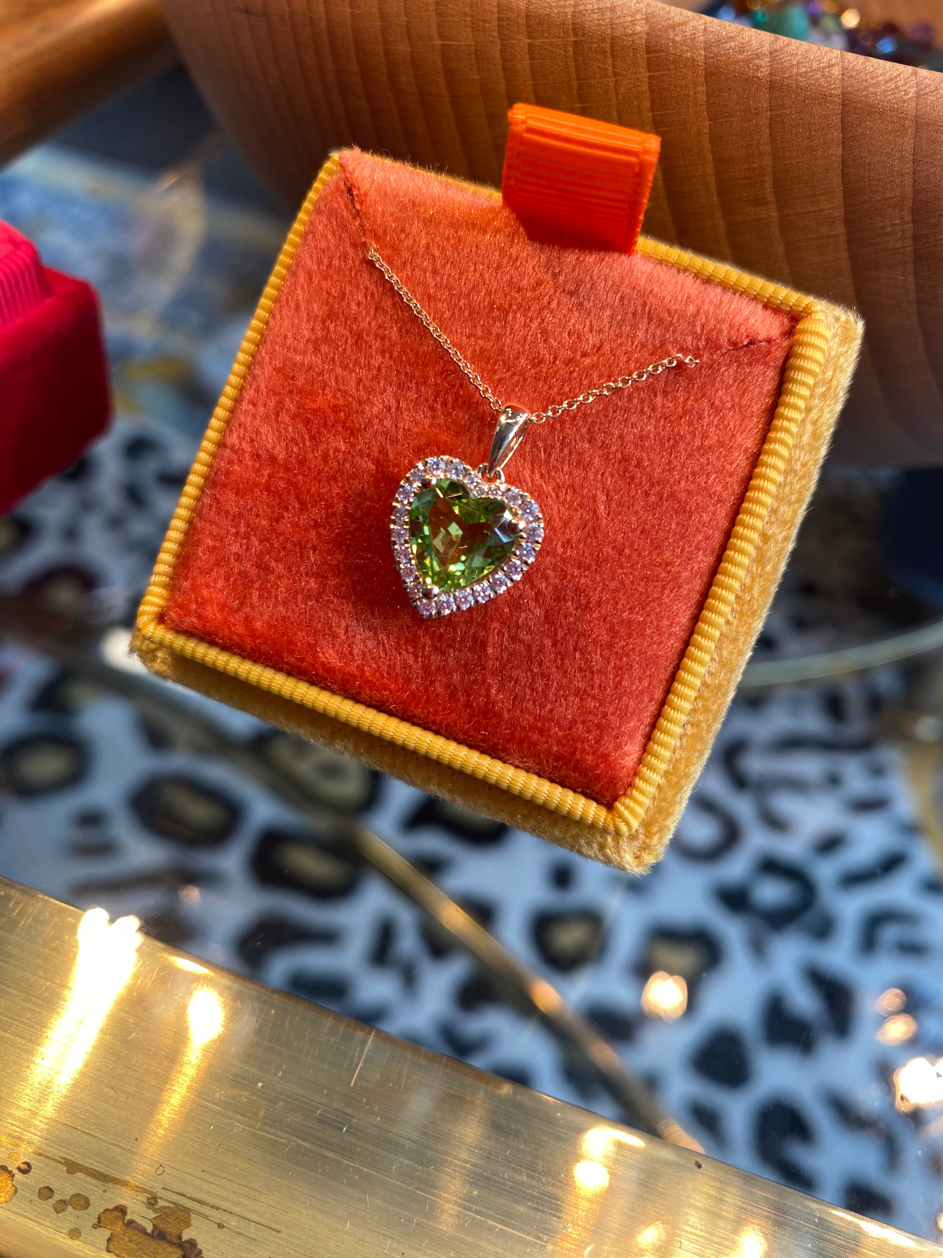 Heart Shaped Peridot and Natural Diamond Pendant Necklace in 9ct Yellow Gold