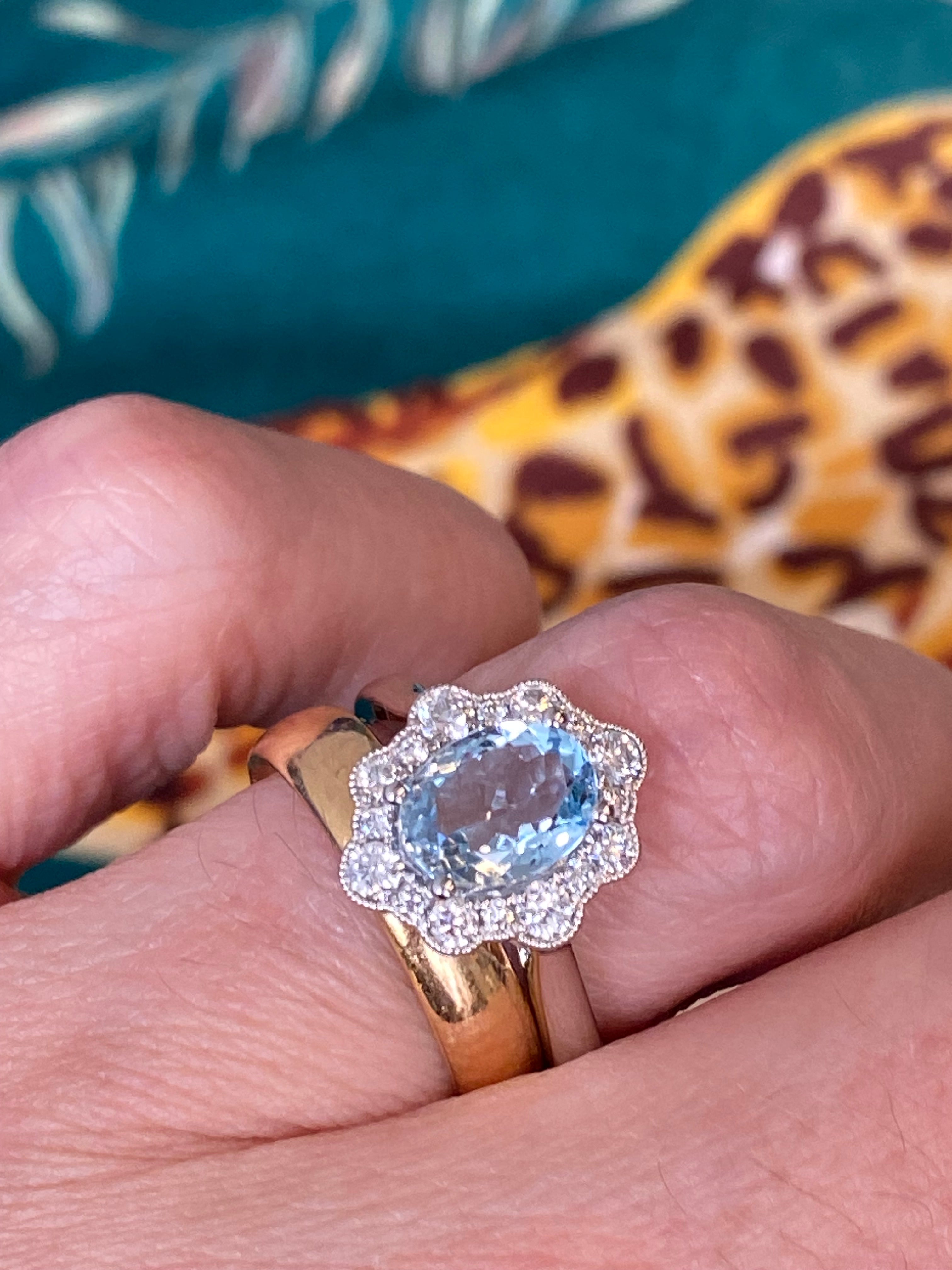 1.55 CTW Oval Cut Aquamarine and Natural Diamond Halo Engagement Ring in Platinum