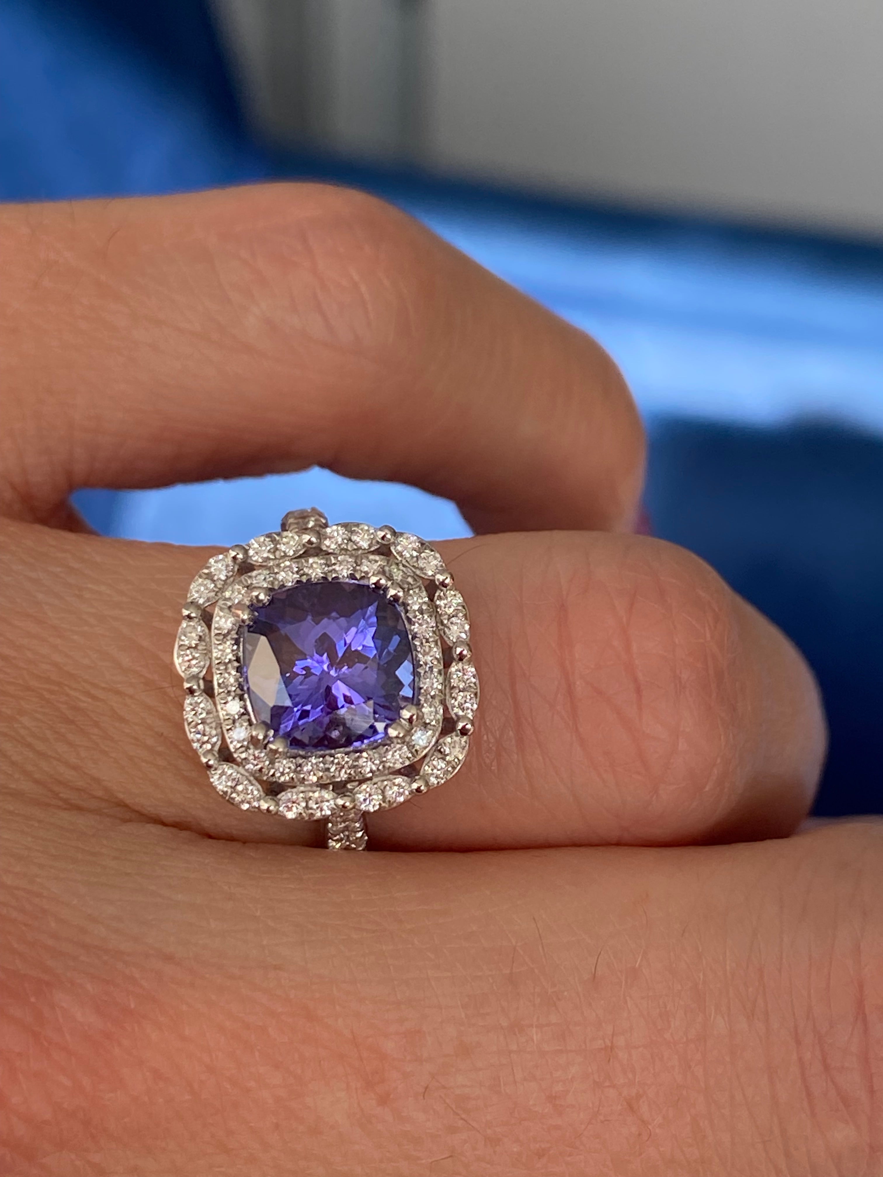 2.36 Carat Cushion Cut Tanzanite and 0.71 ctw Natural Diamond Ring in Platinum