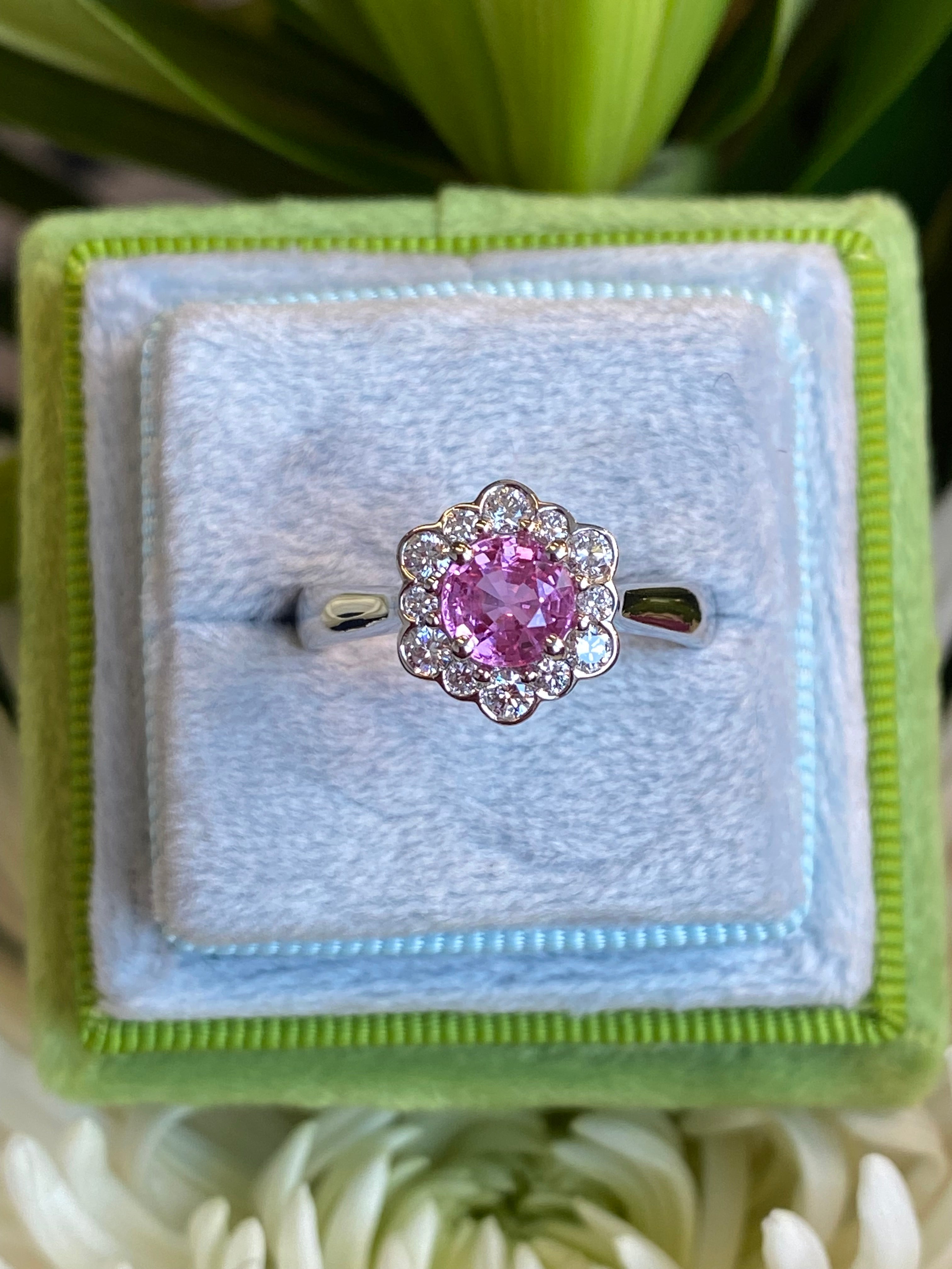 1.26 CTW Round Cut Pink Sapphire and Natural Diamond Halo Engagement Ring in Platinum