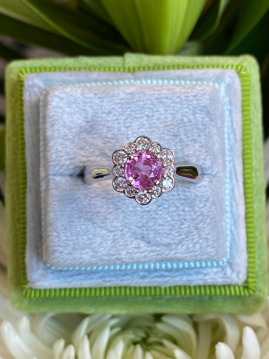 1.26 CTW Round Cut Pink Sapphire and Natural Diamond Halo Engagement Ring in Platinum