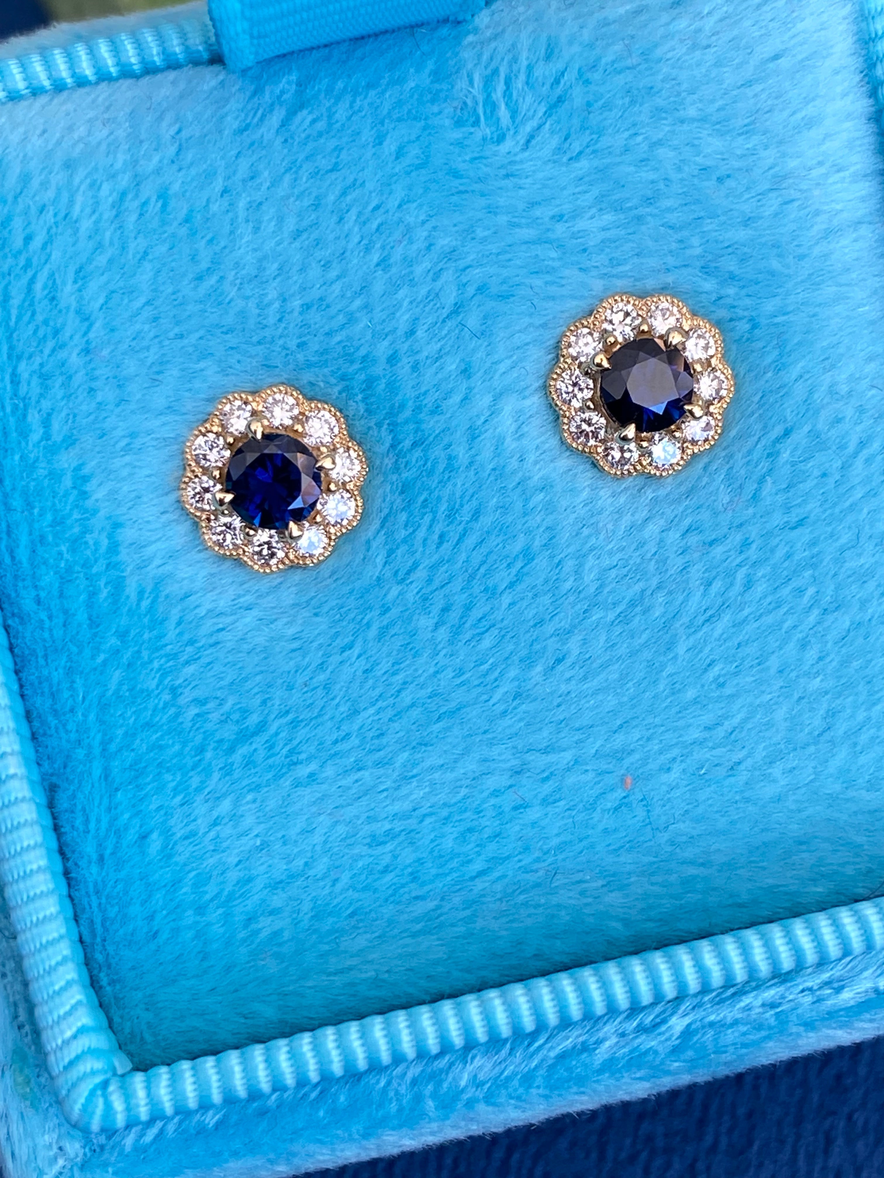 Sapphire and Natural Diamond Halo Stud Earrings in 18ct Yellow Gold
