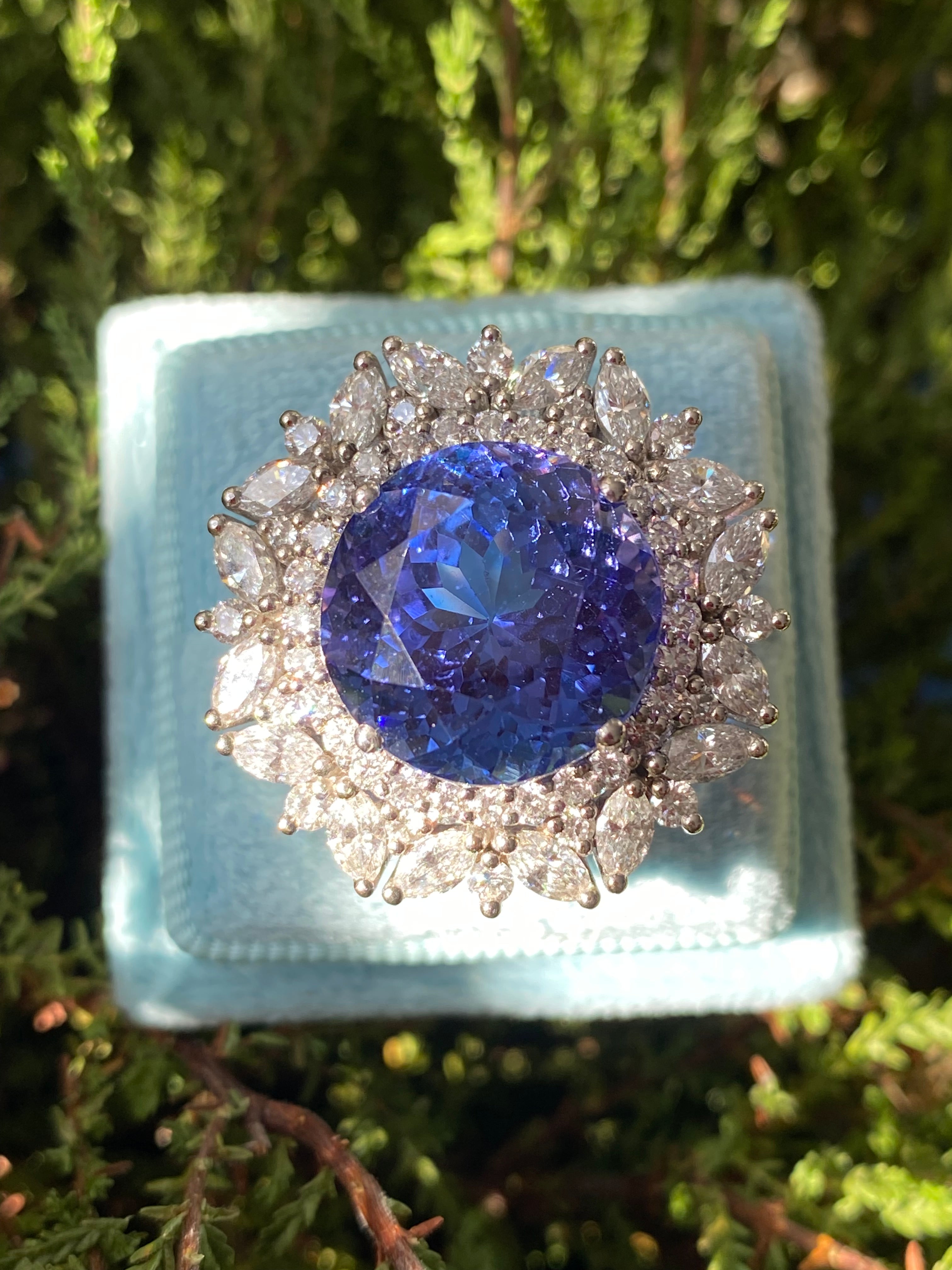 15.96 Carat Round Cut Tanzanite and 2.88ctw Natural Diamond Cocktail Ring in Platinum
