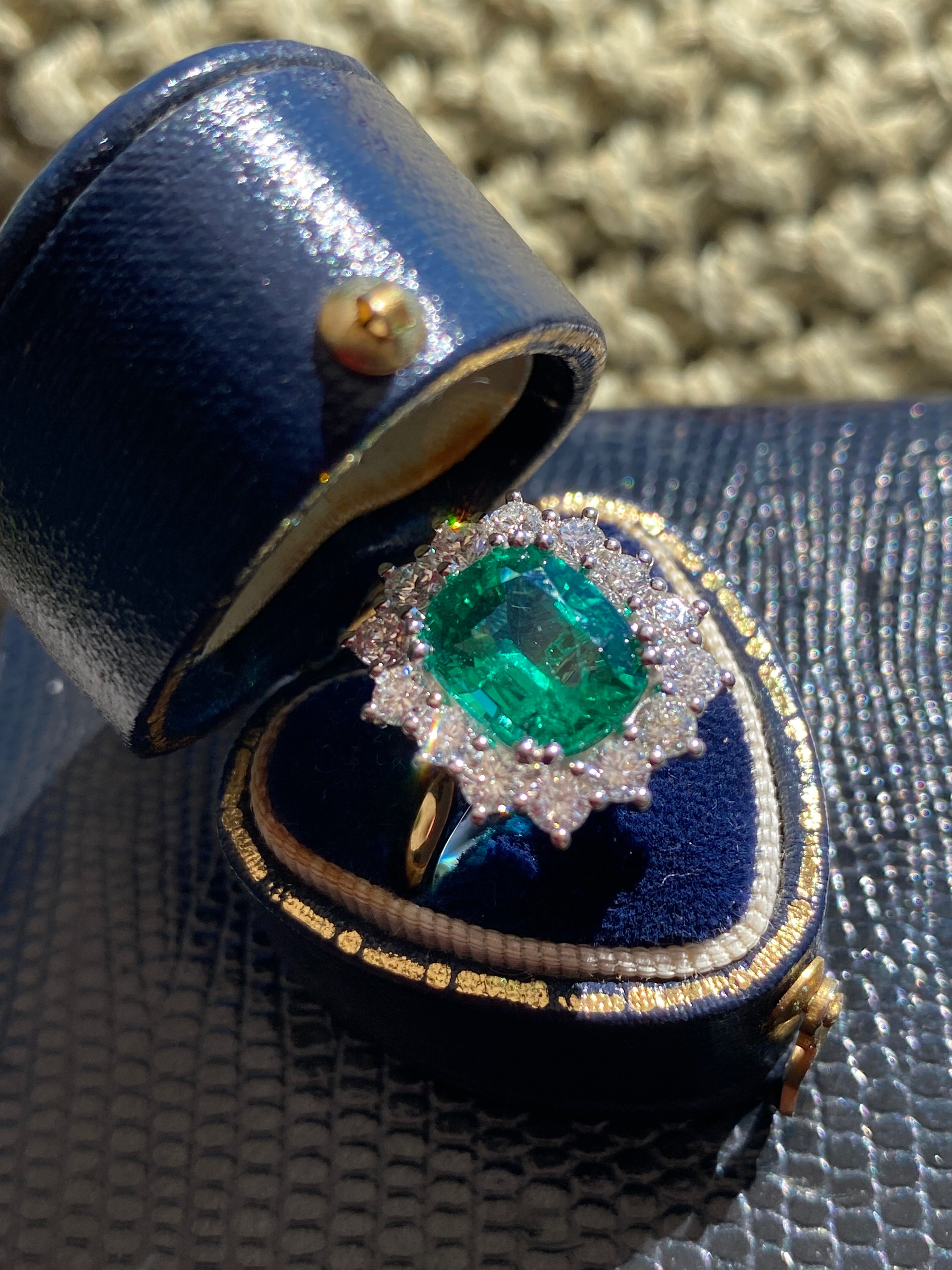 2.58 Carat Cushion Cut GIA Zambian Emerald and 1.07 CTW Natural Diamond Halo Ring in Platinum and 18ct Yellow Gold